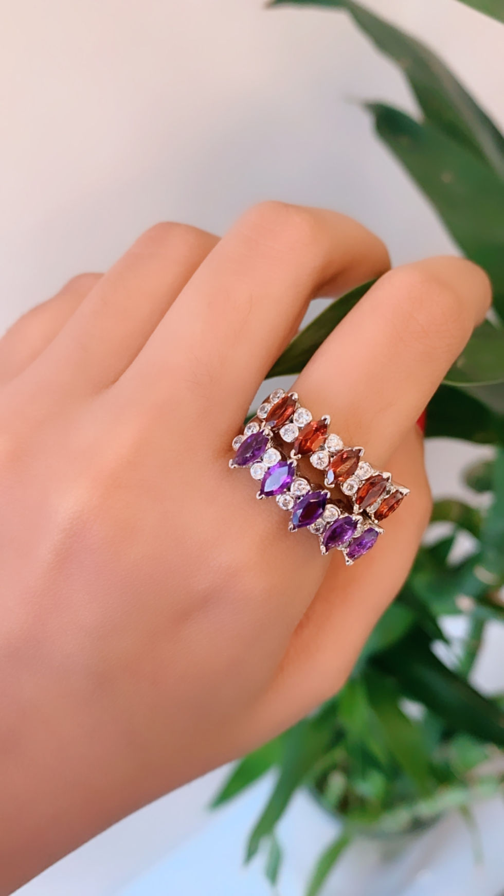 Thumbnail: Natural Garnet and Amethyst ring band