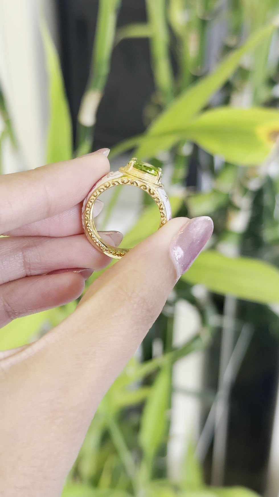Thumbnail: Natural Peridot white enamel 925 Sterling Silver Gold Polish Ring