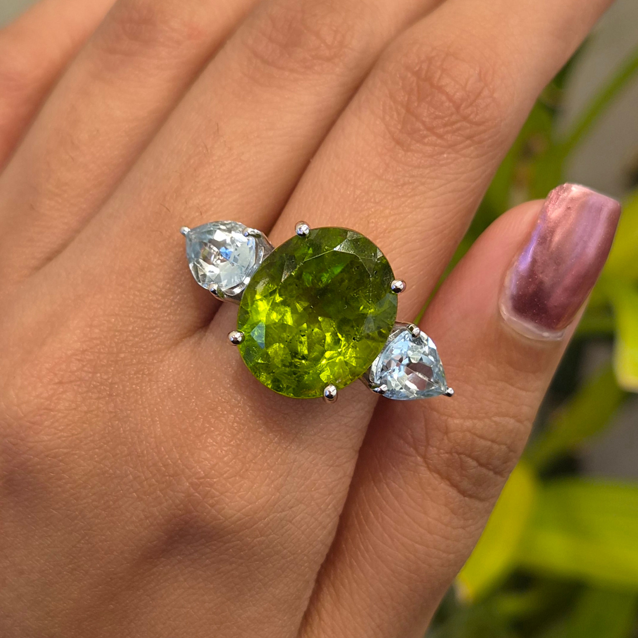 Natural Peridot and Aquamarine 925 Sterling Silver Ring For Women
