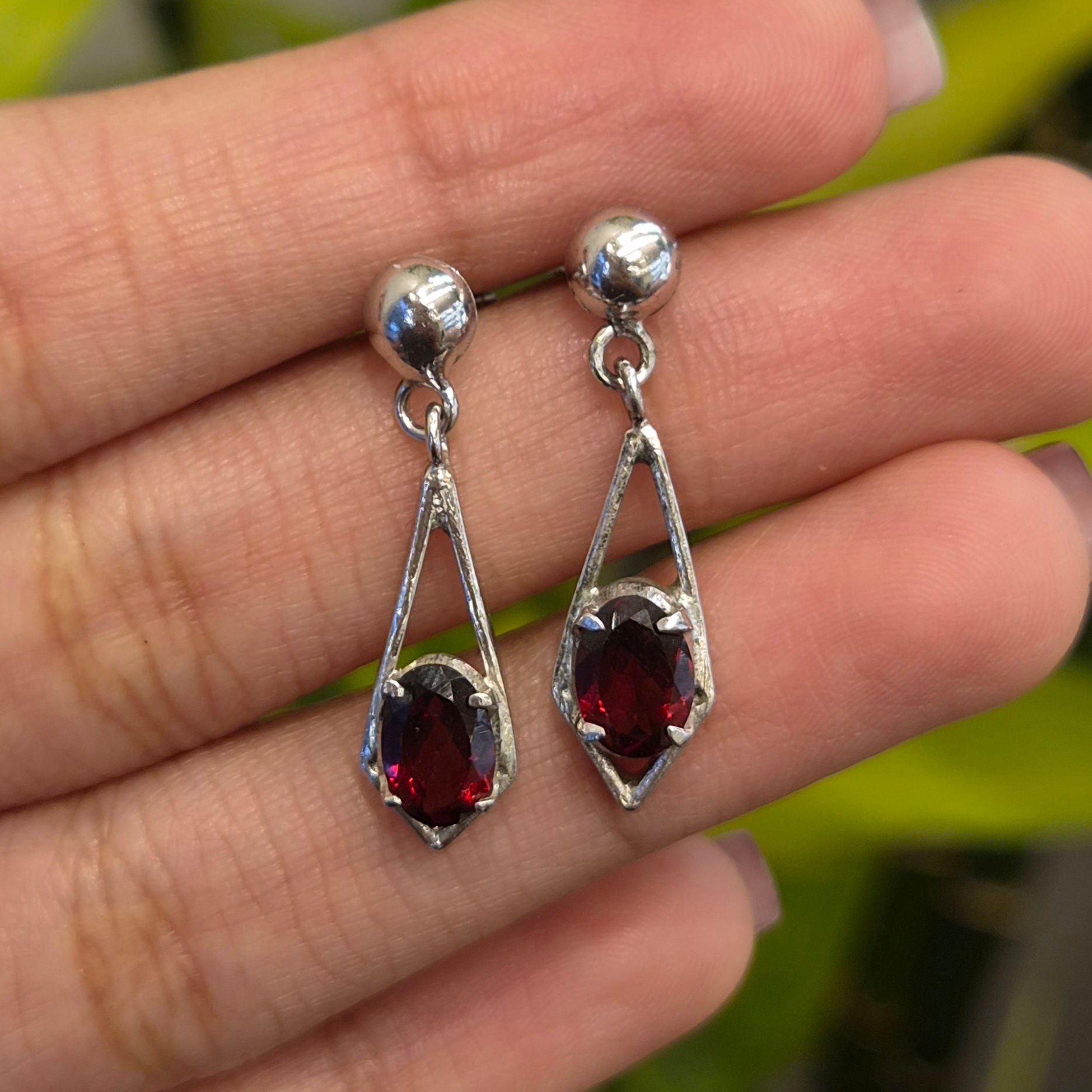 Natural Garnet Oval 925 Sterling Silver Hanging Cluster Earrings