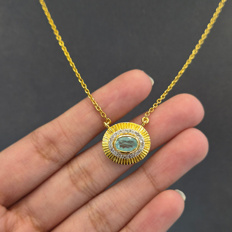 Miniature : Natural GII Certified Oval Paraiba Tourmaline And Diamond Gold Polish Necklace
