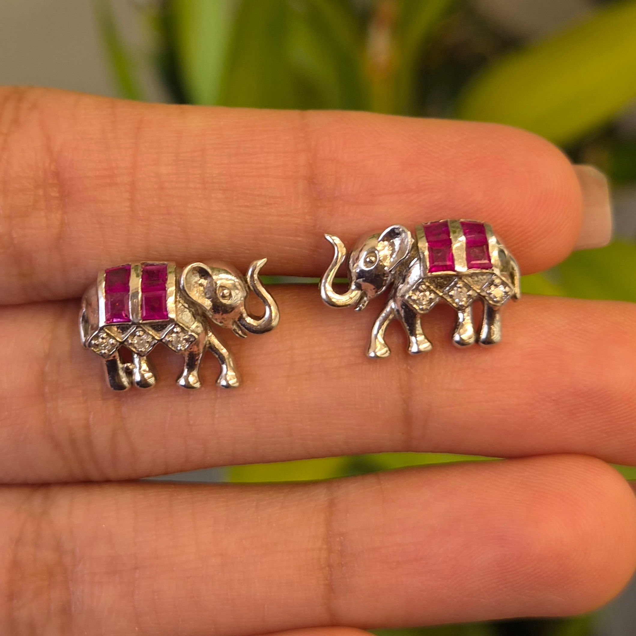 Natural Ruby & Diamond Elephant Stud Earrings in 925 Sterling Silver