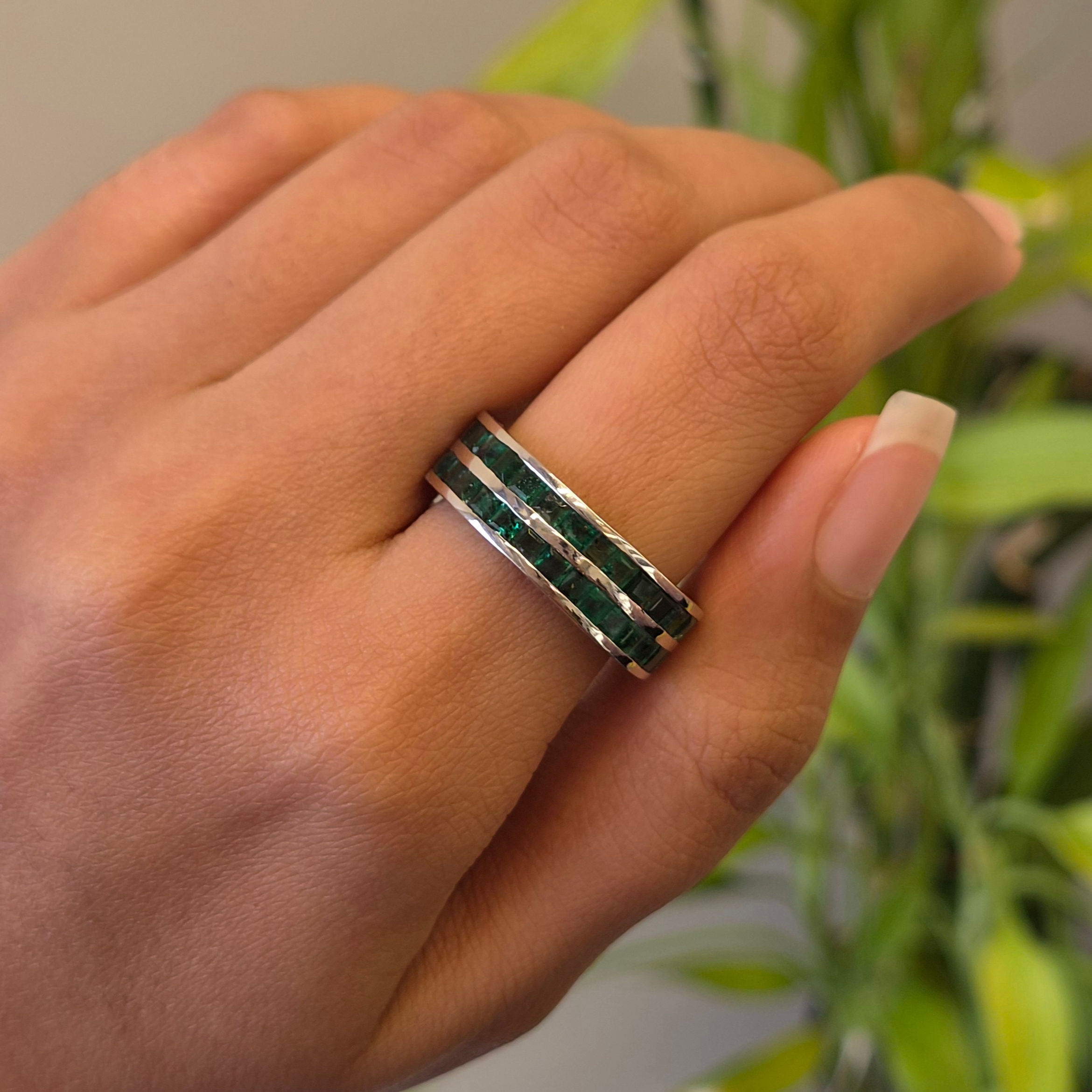 Natural Emerald 925 Sterling Silver Channel Setting Band Ring