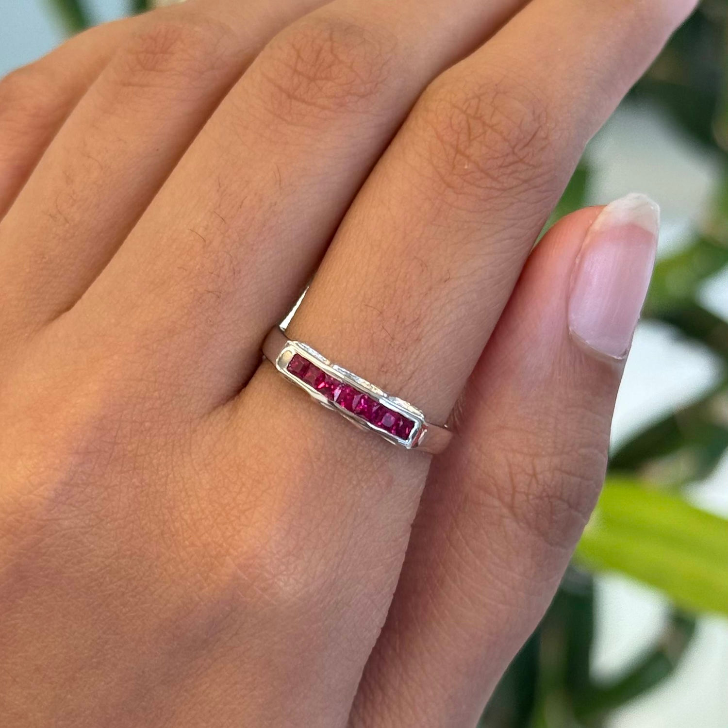 Natural Ruby Channel Setting Half Band Ring in 18K White Gold