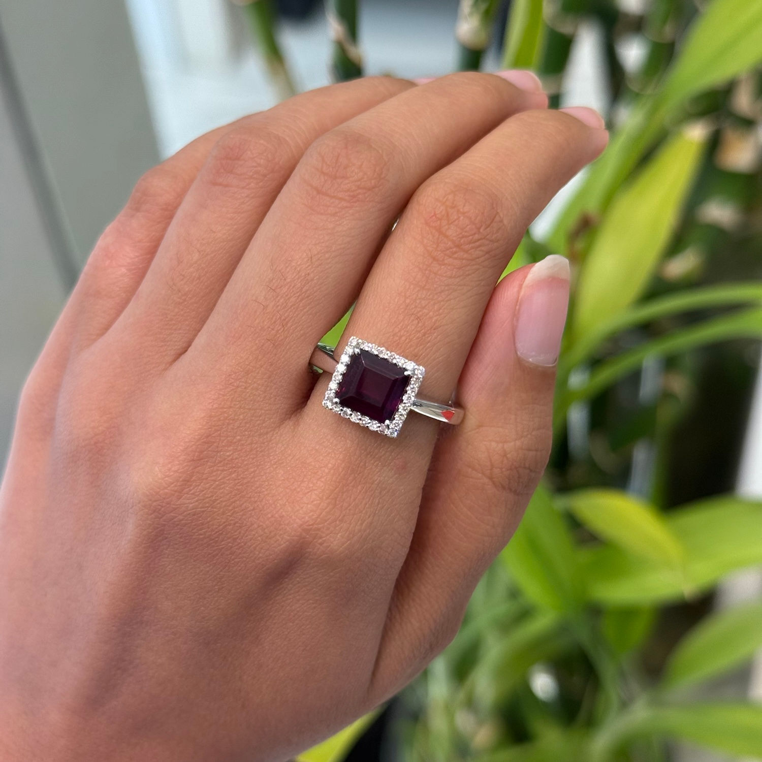 14K White Gold Natural Garnet Square Diamond Cluster Ring