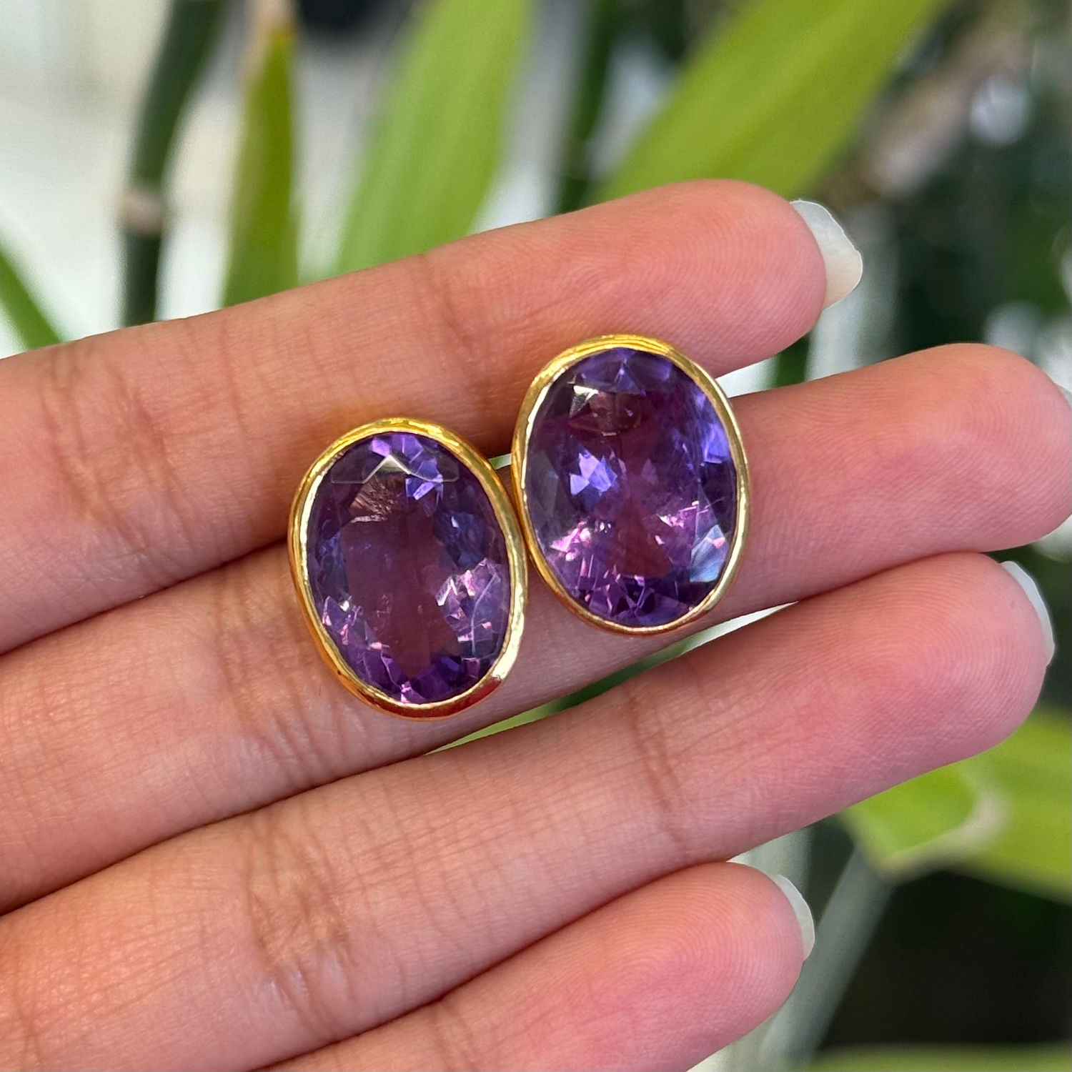 Natural Amethyst Oval 925 Sterling Silver With Gold Polish Stud Earrings