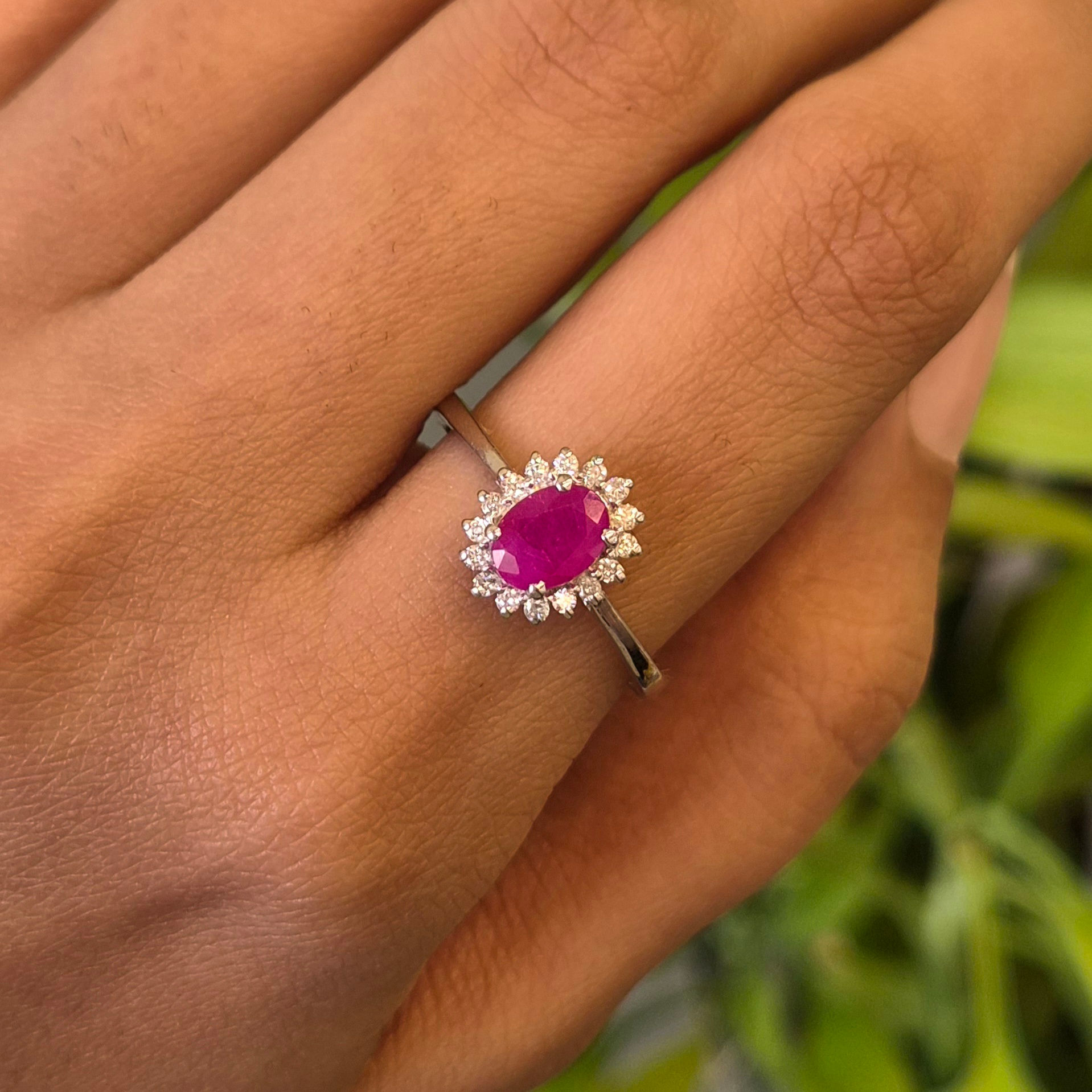 Natural Oval Cut Ruby & Diamond Cluster 925 Sterling Silver Halo Ring