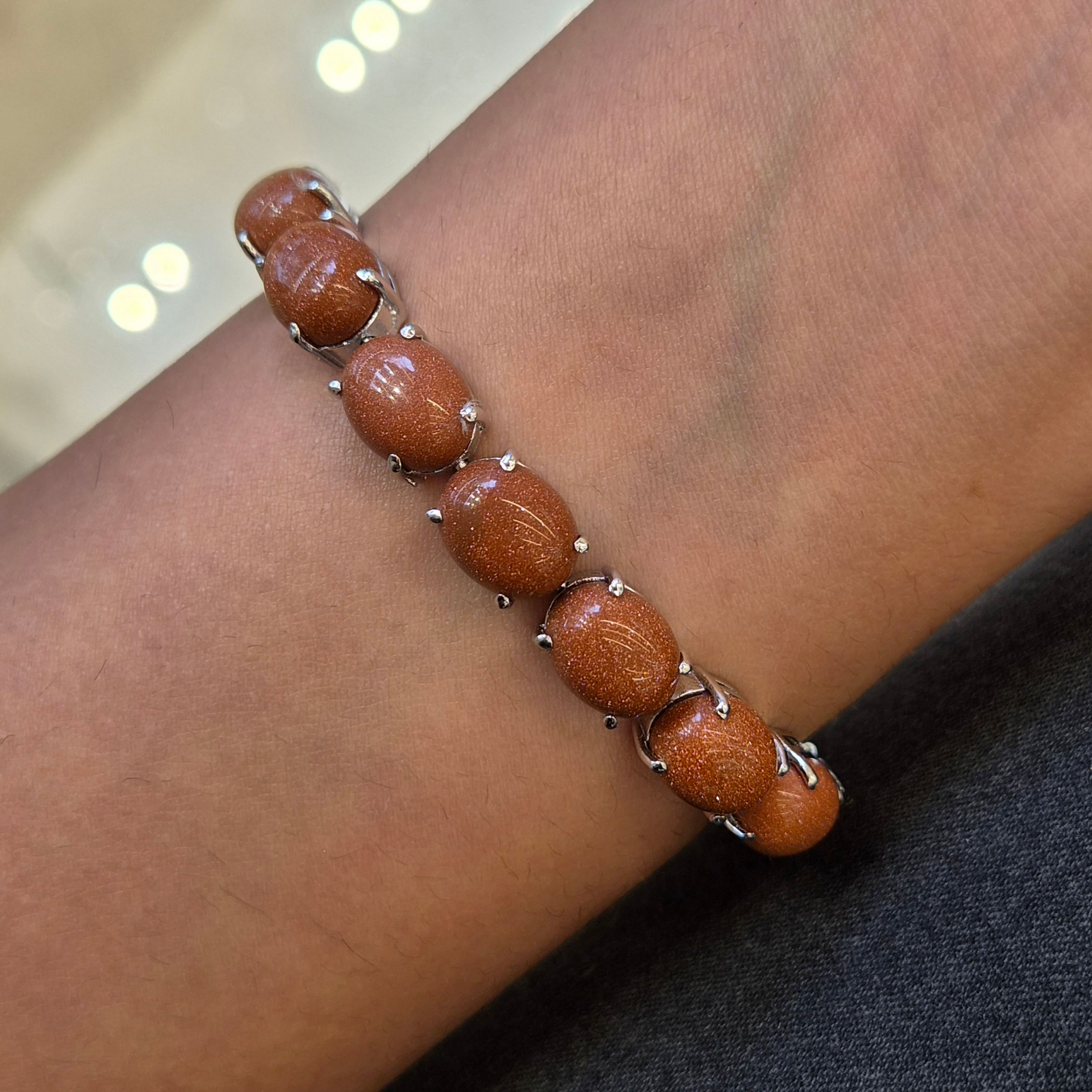 Goldstone Oval Cabochon 925 Sterling Silver Tennis Bracelet