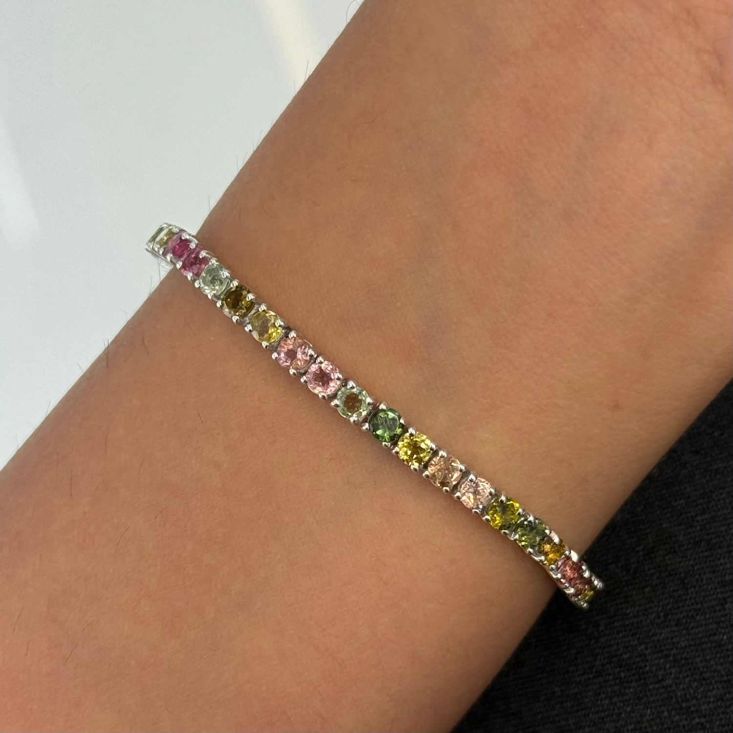 Natural Multi Tourmaline Round 925 Sterling Silver Tennis Bracelet