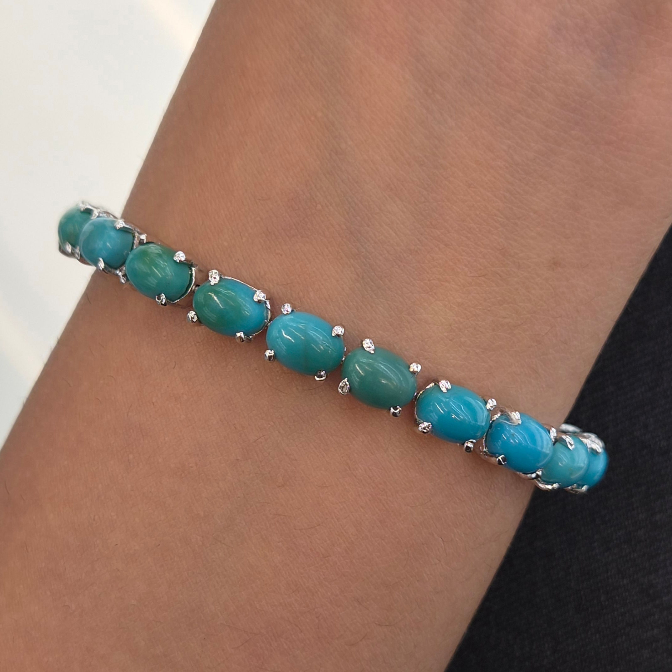 Natural Turquoise Oval 925 Sterling Silver Tennis Bracelet