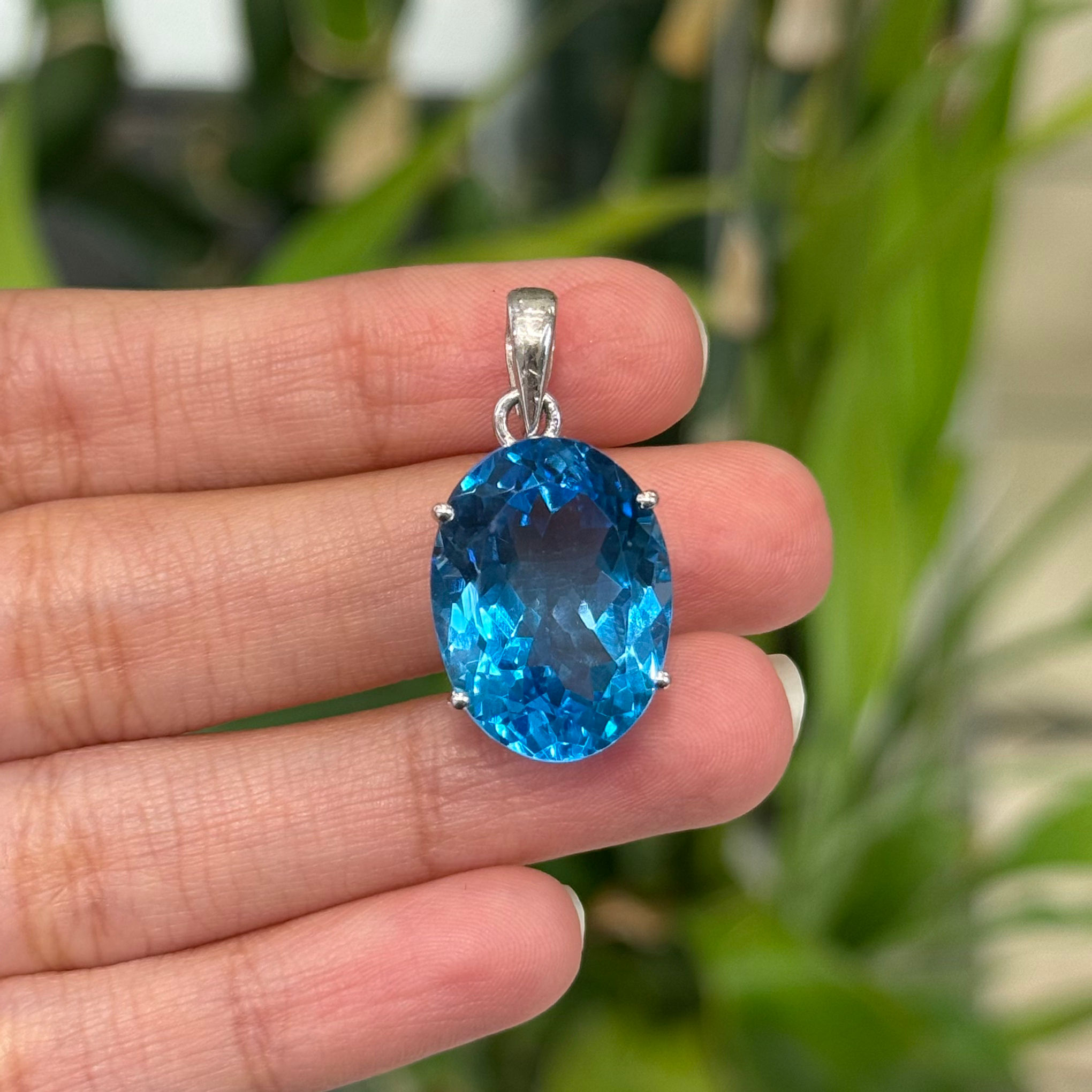 Natural Topaz Blue Oval 925 Sterling Silver Pendant