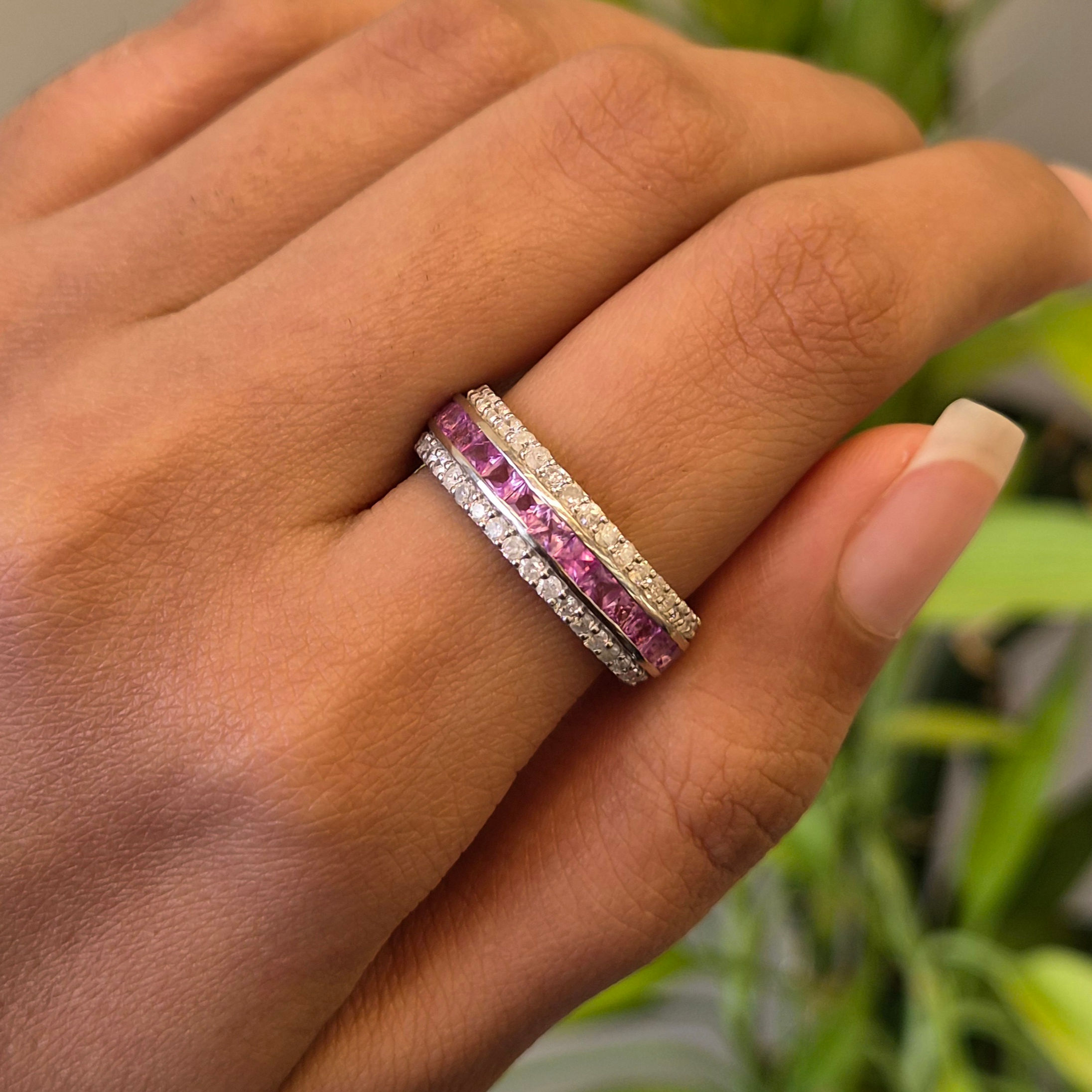 Natural Pink Sapphire & Diamond 925 Sterling Silver Full Band Ring