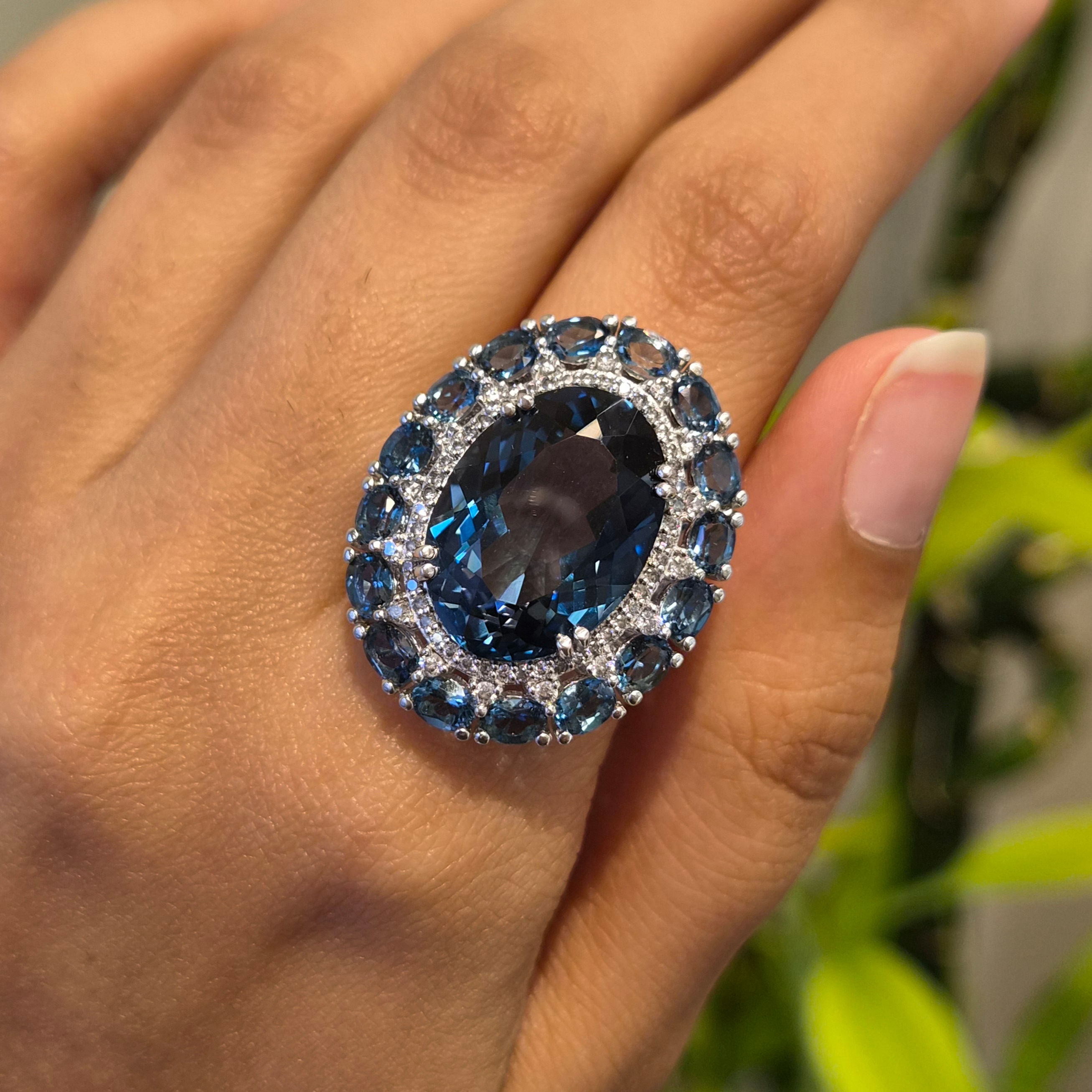 Natural Oval London Blue Topaz Cluster Ring in 925 Sterling Silver