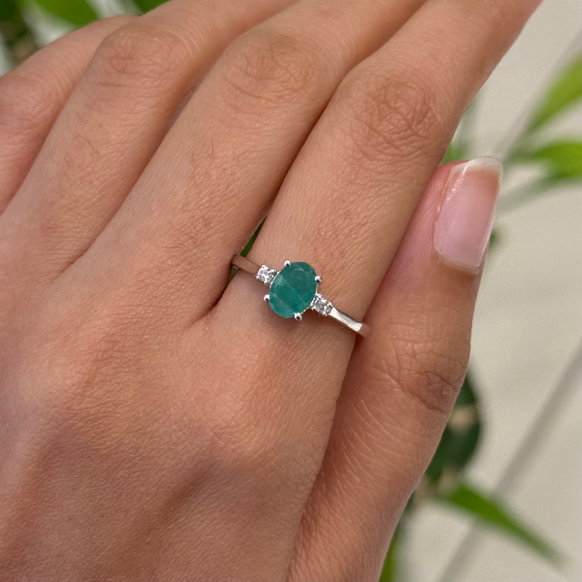 Natural Emerald Diamond Oval 925 Sterling Silver Ring