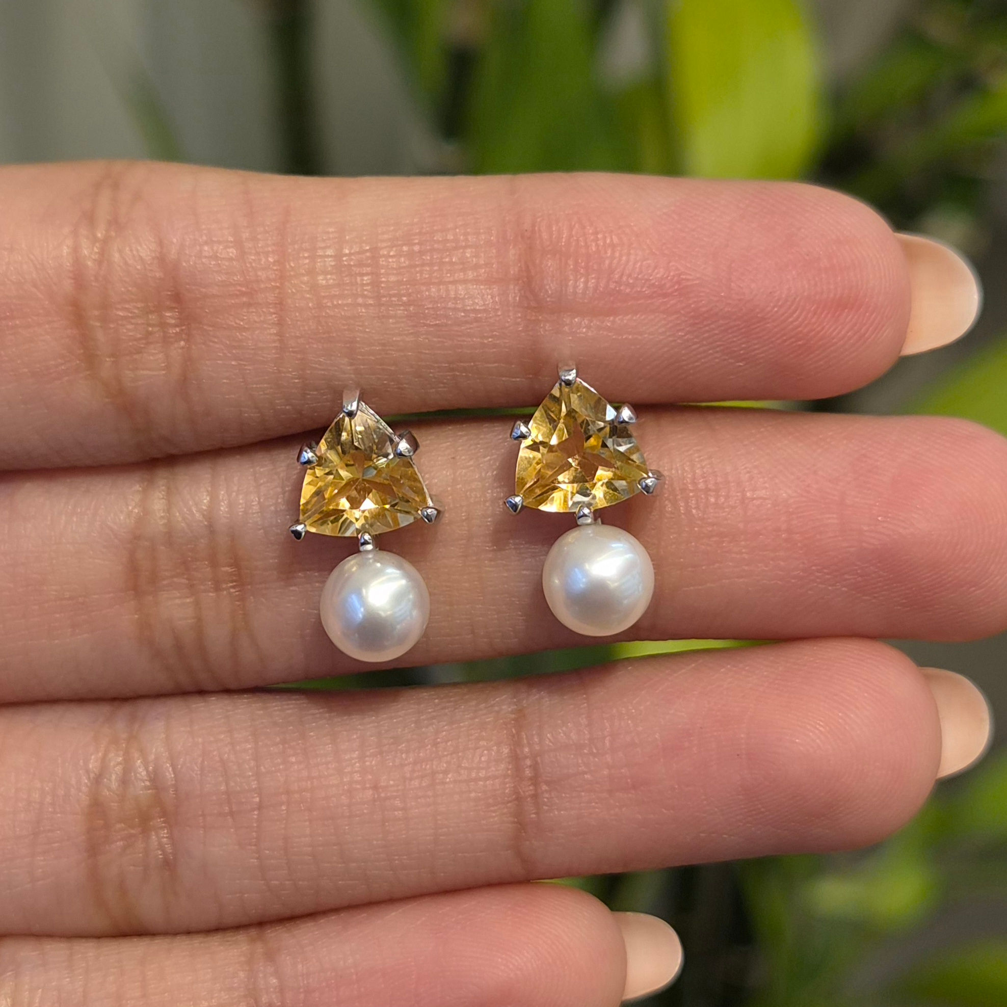 Real Round Pearl & Natural Trillion Citrine Stud Earrings in 925 Sterling Silver