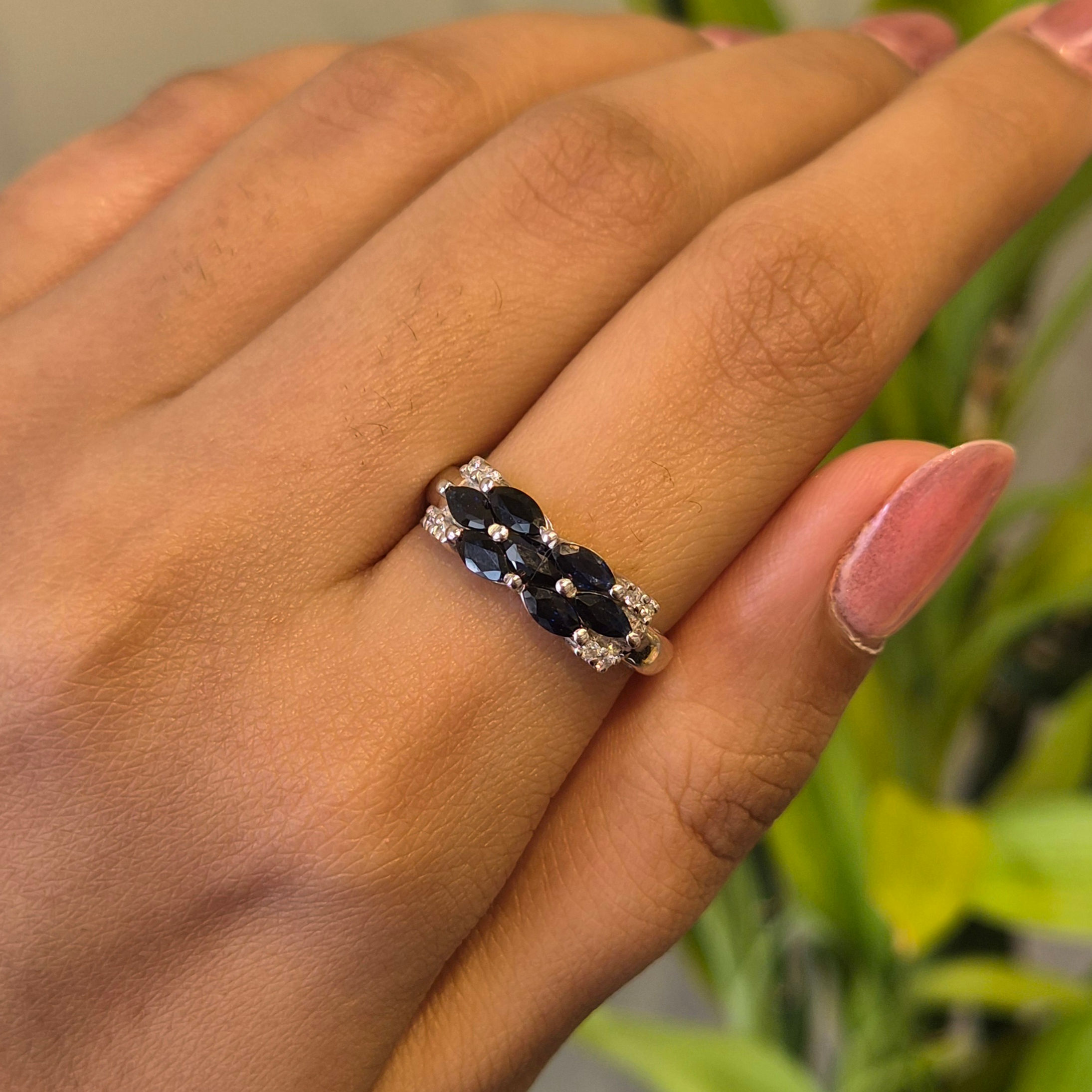 Natural Marquise Blue Sapphire & Diamond Ring in 925 Sterling Silver