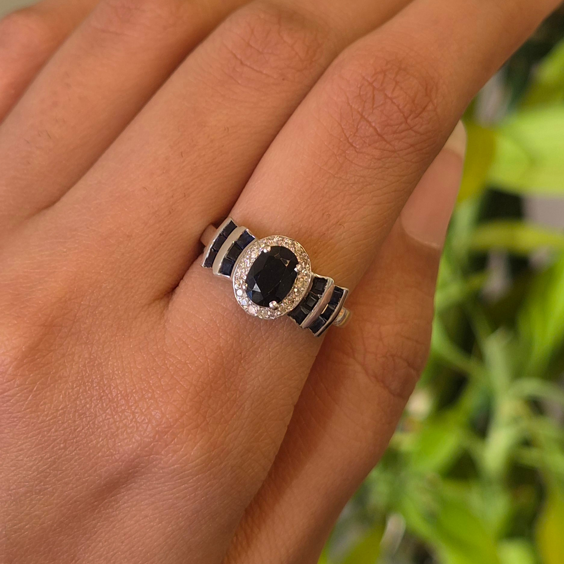 Natural Oval Blue Sapphire & Diamond Halo 925 Sterling Silver Ring