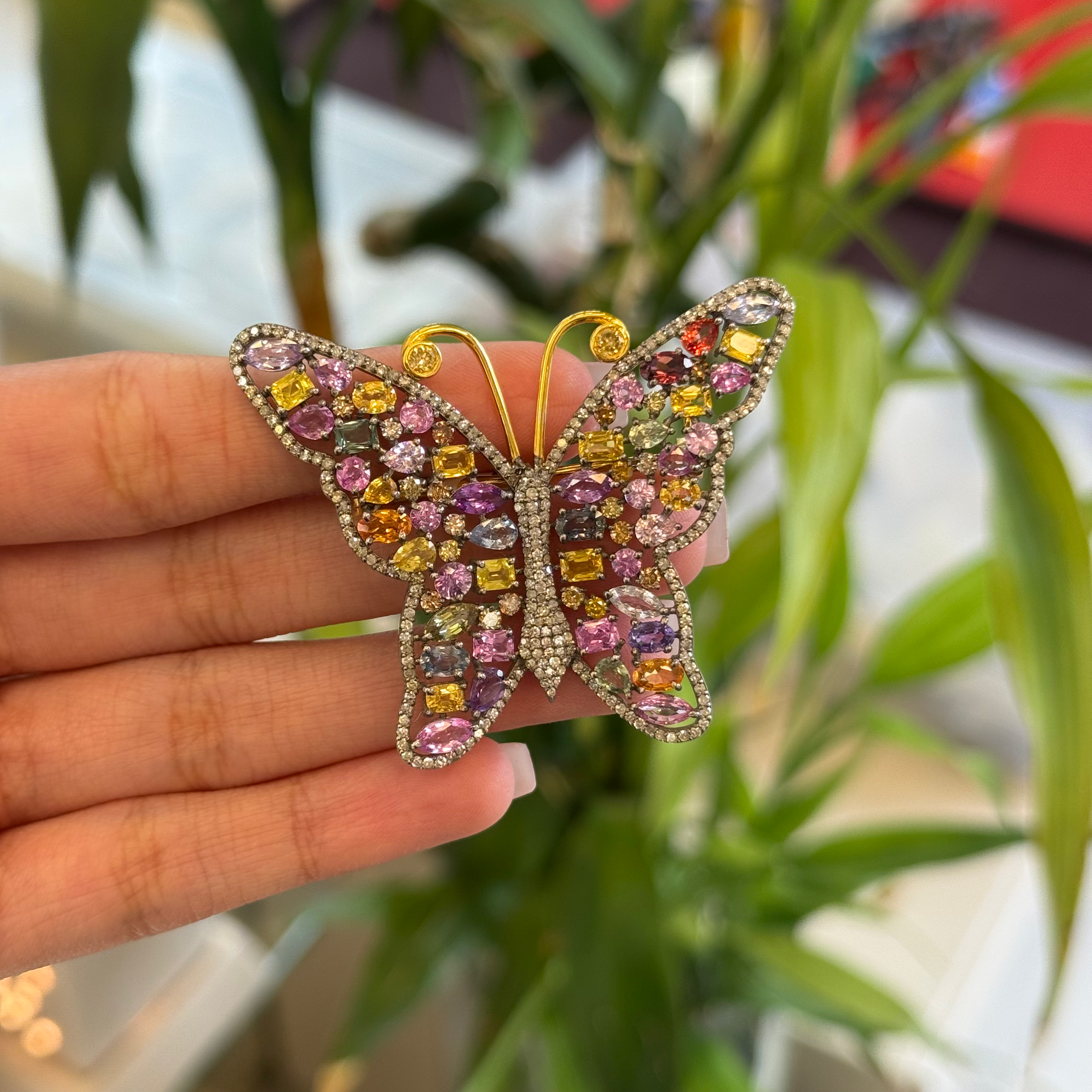 Natural Multi sapphire and diamonds butterfly brooch