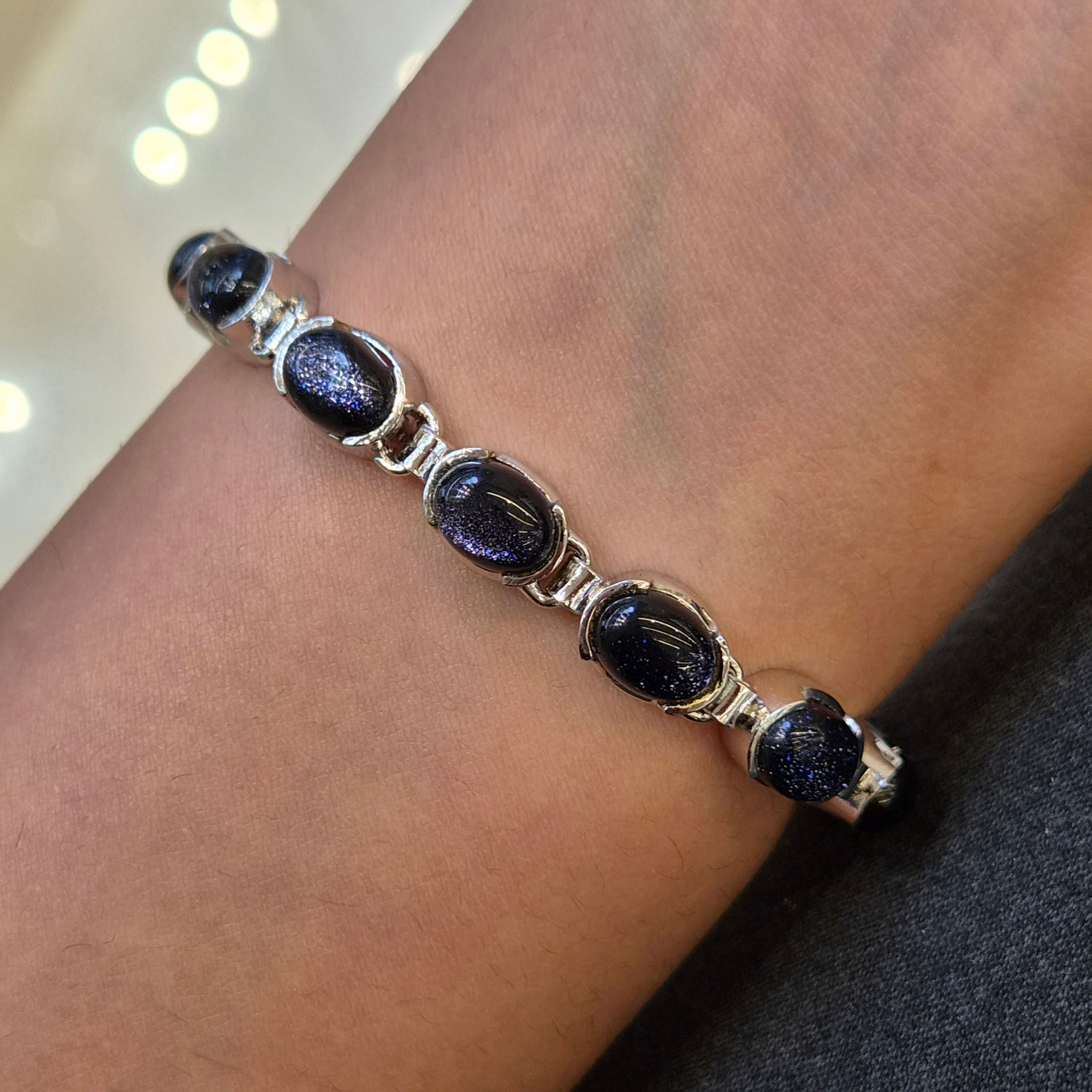 Blue Sandstone Oval Cabochon 925 Sterling Silver Link Tennis Bracelet