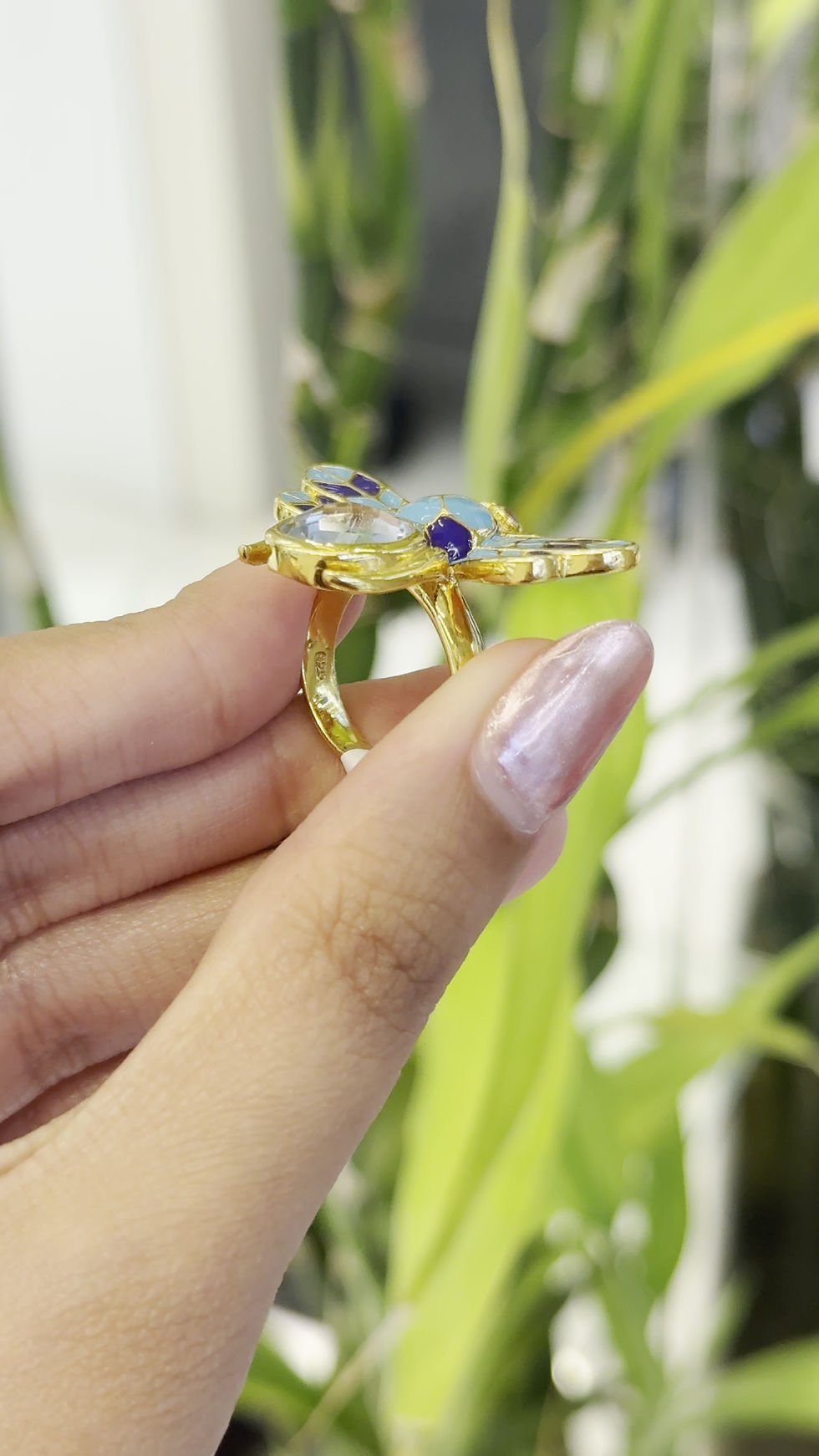 Thumbnail: Natural Gemstone Enamel Bee Ring in 925 Sterling Silver with Gold Polish