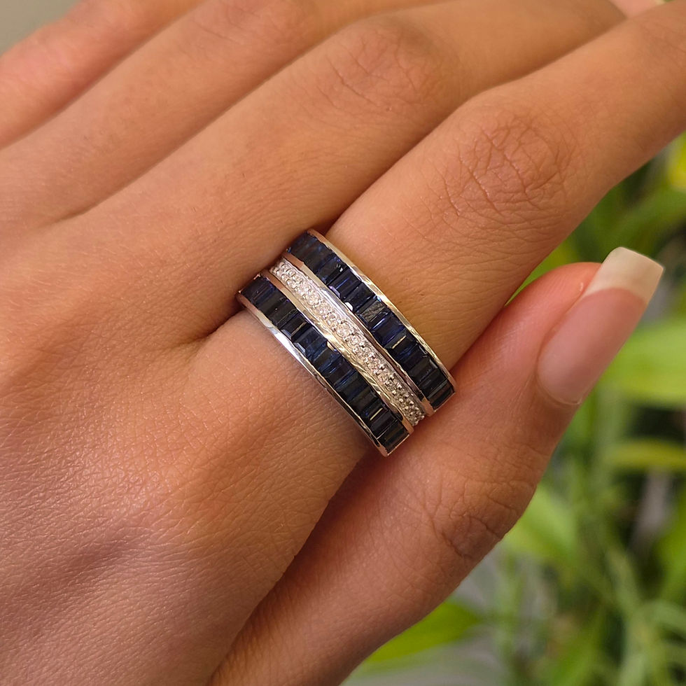 Miniature : Natural Blue Sapphire & Diamond Baguette 925 Sterling Silver Band Ring