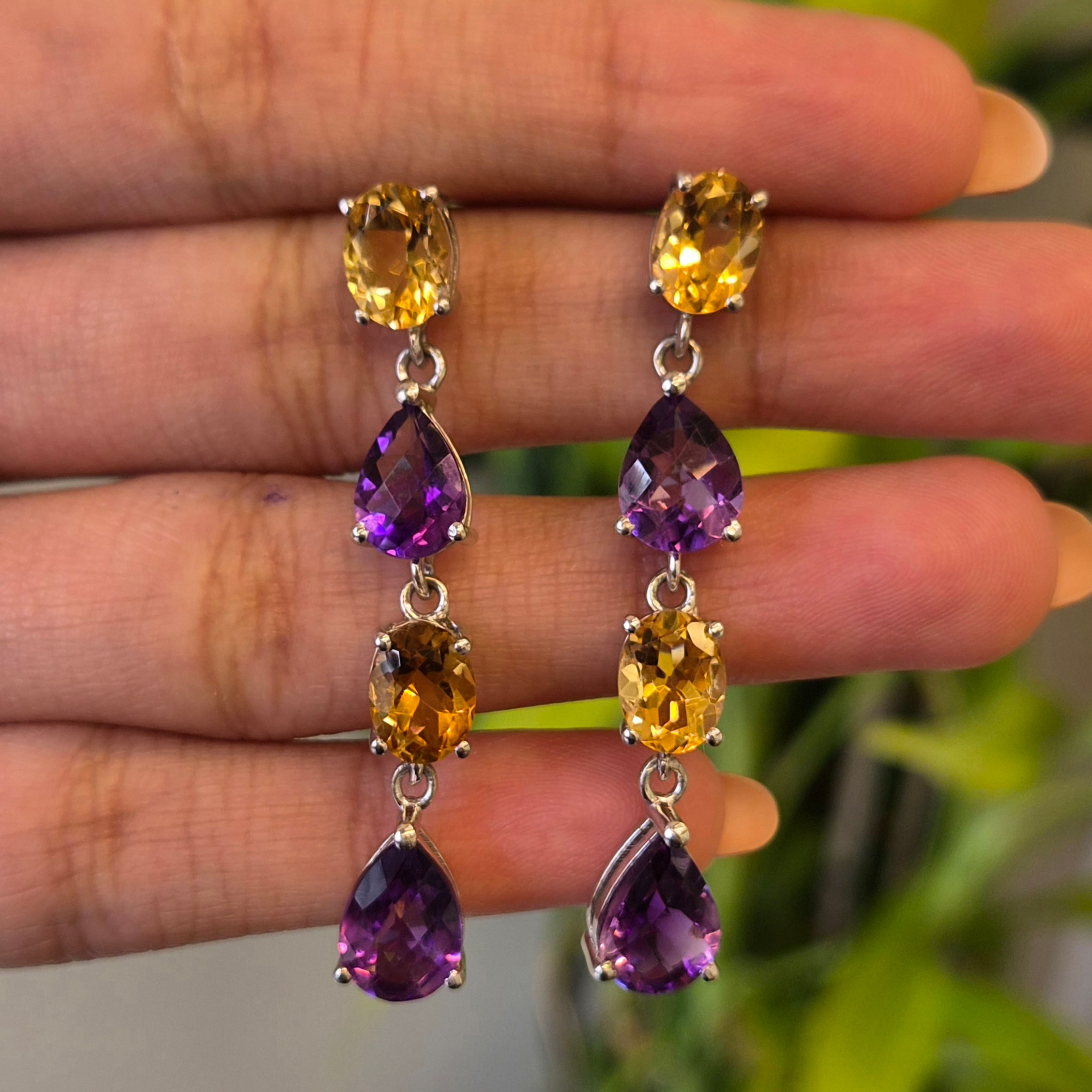 Natural Multi Stone 925 Sterling Silver Oval & Pear Hanging Earrings