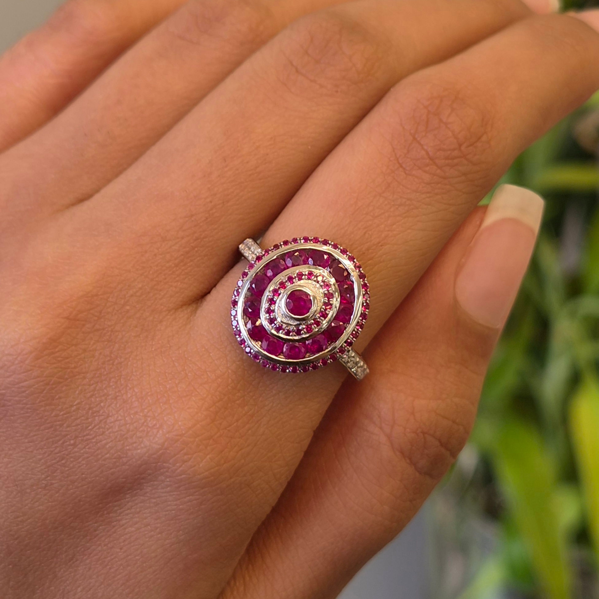 Natural Round Ruby & Diamond 925 Sterling Silver Cocktail Ring