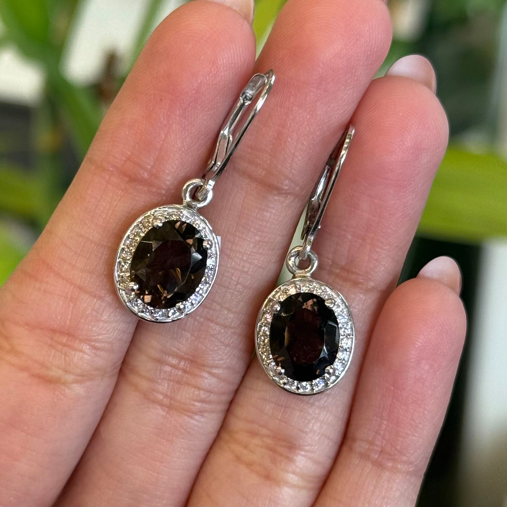 Natural Smoky Topaz Oval 925 Sterling Silver Cluster Hanging Earrings