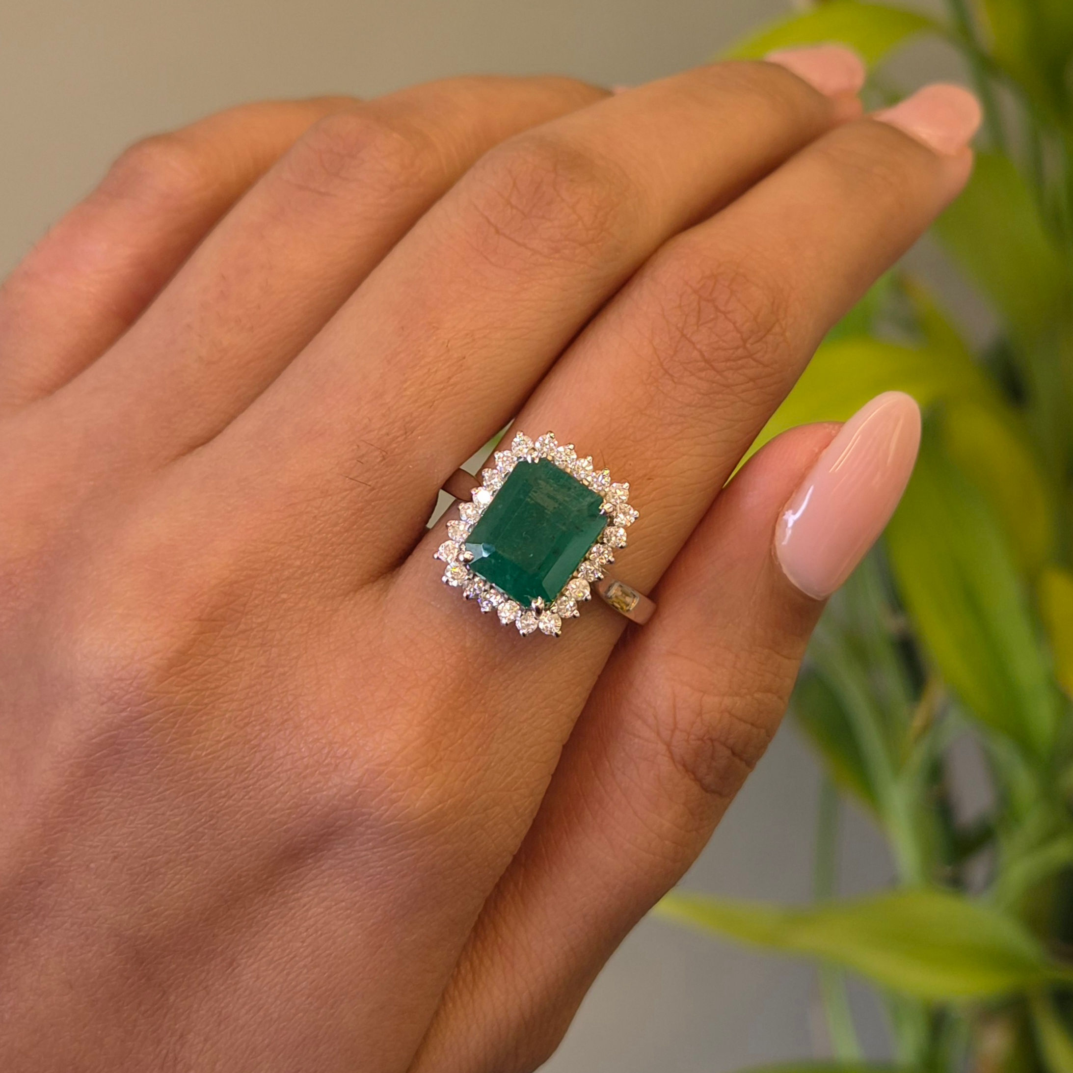 Natural Rectangle Emerald Diamond Halo Ring in 925 Sterling Silver