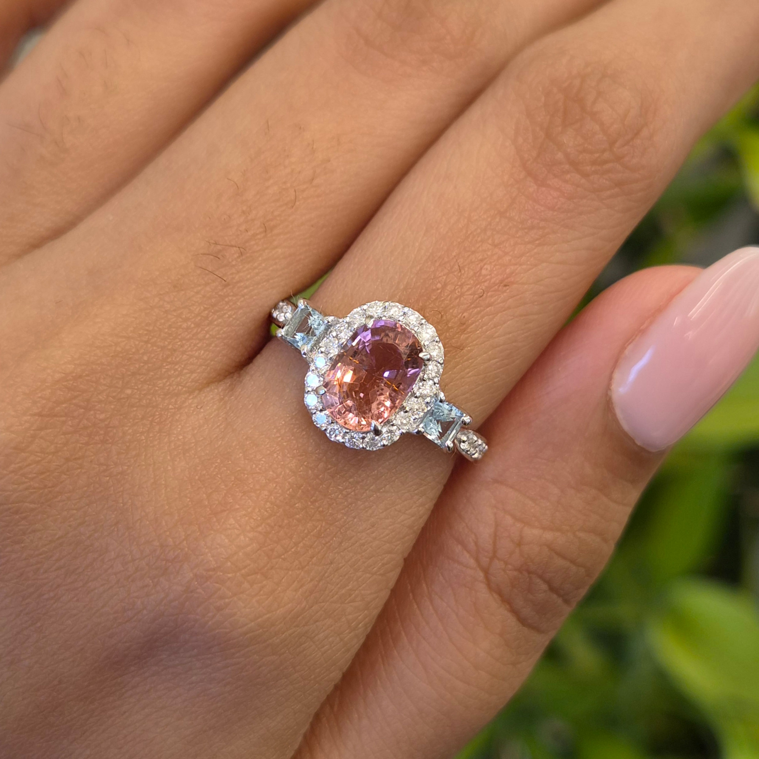 Natural Oval Pink Tourmaline, Aquamarine And Diamond Cluster Three Stone Ring