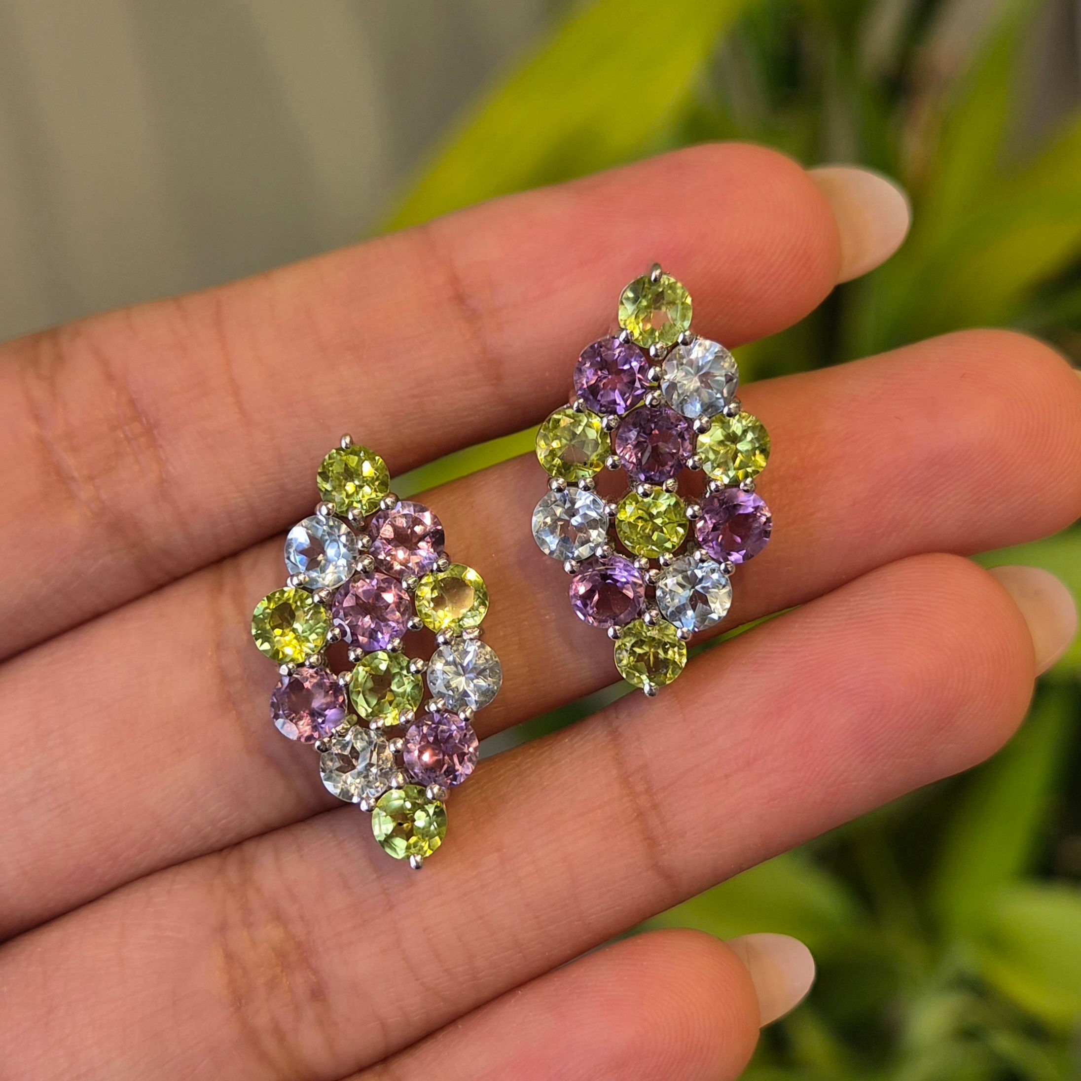 Natural Multi Gemstone 925 Sterling Silver Stud Earrings