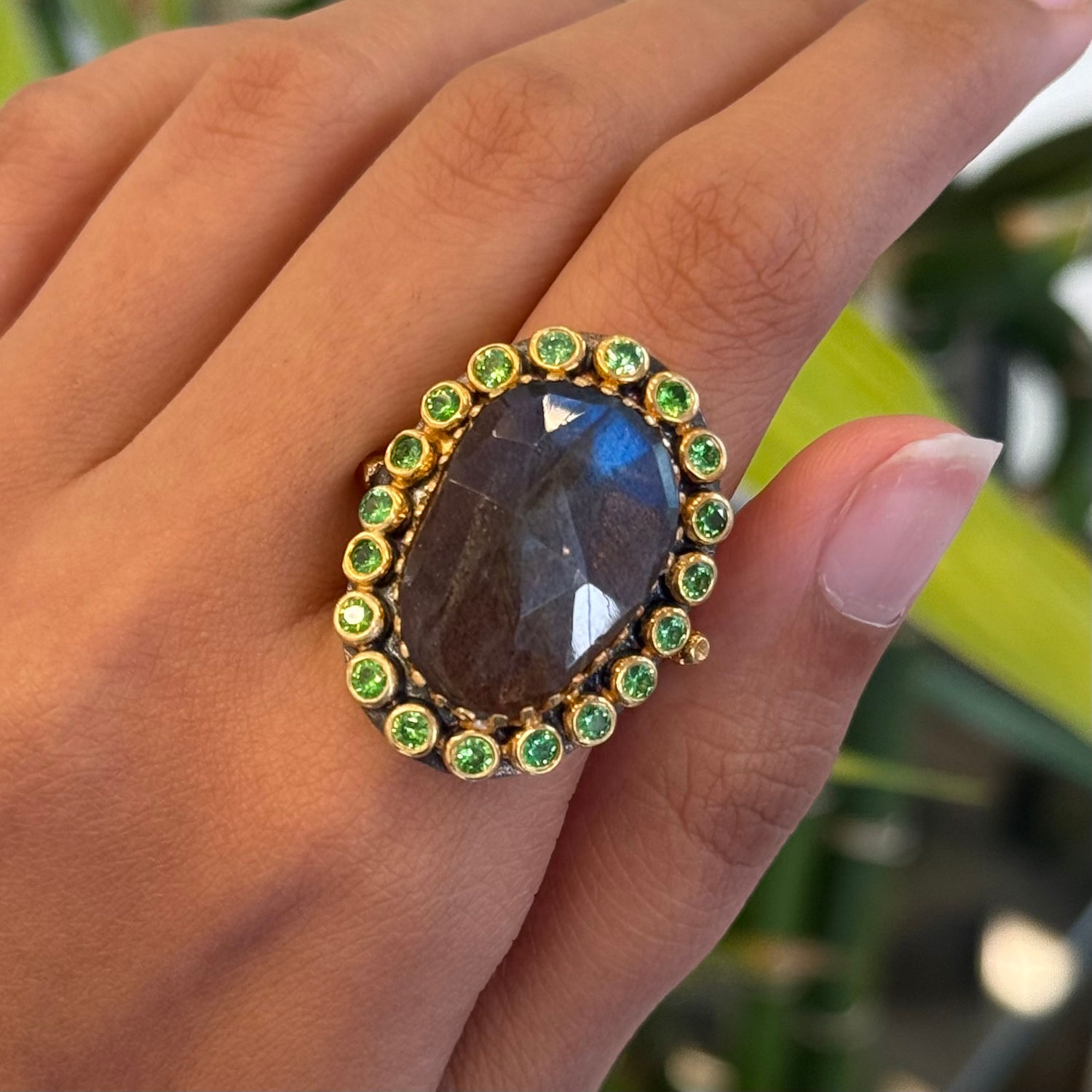 Natural Tsavorite & Labradorite 925 Sterling Silver Micron Gold Polish Ring