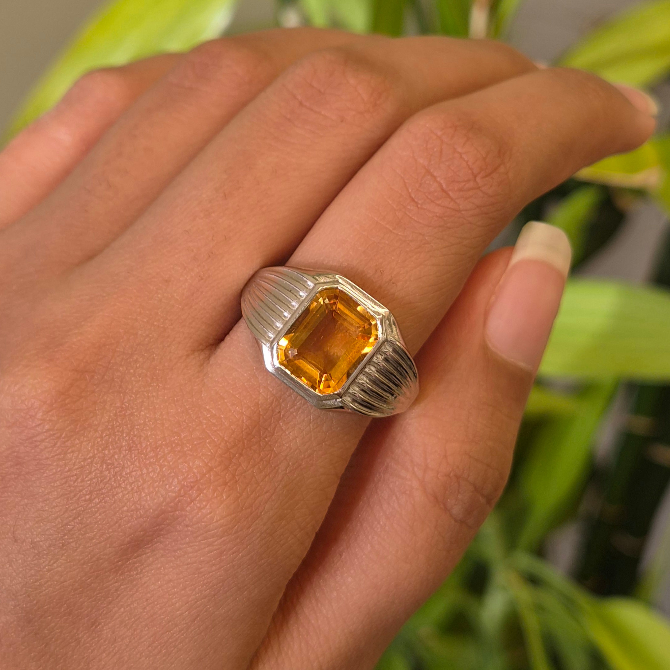 Natural Citrine 925 Sterling Silver Emerald Cut Bezel Ring