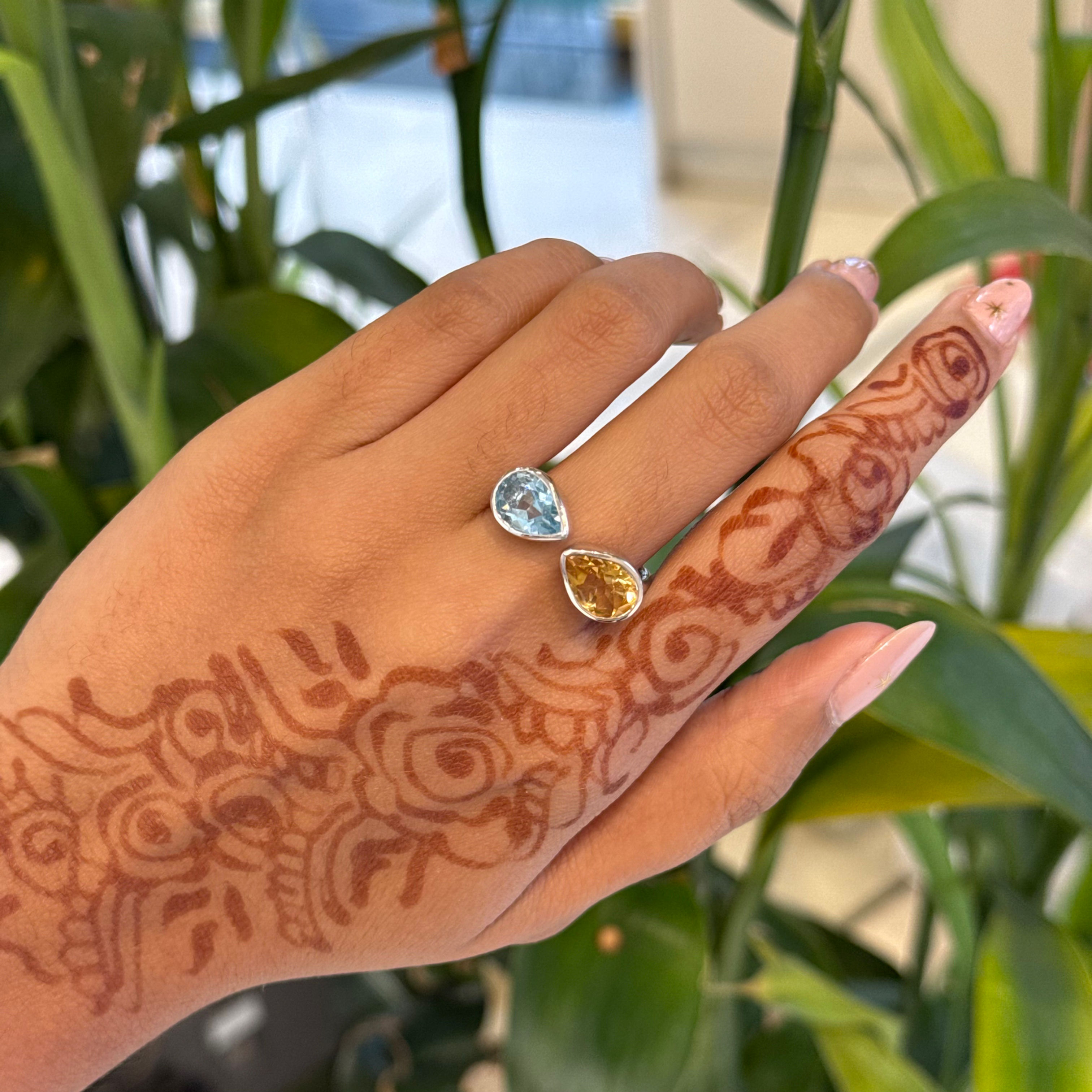 Natural Citrine and Blue topaz teardrop ring