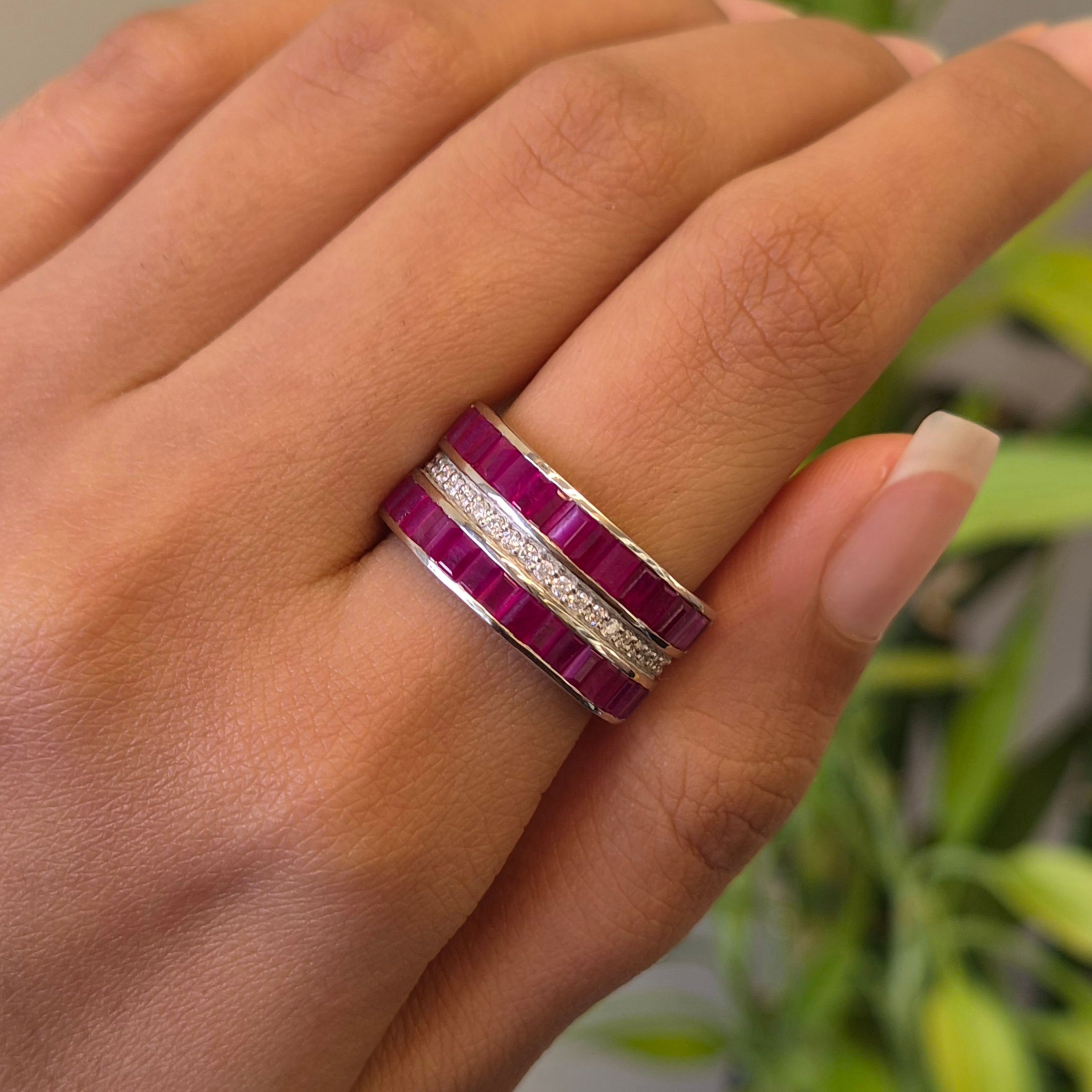 Natural Ruby & Diamond Baguette 925 Sterling Silver Band Ring