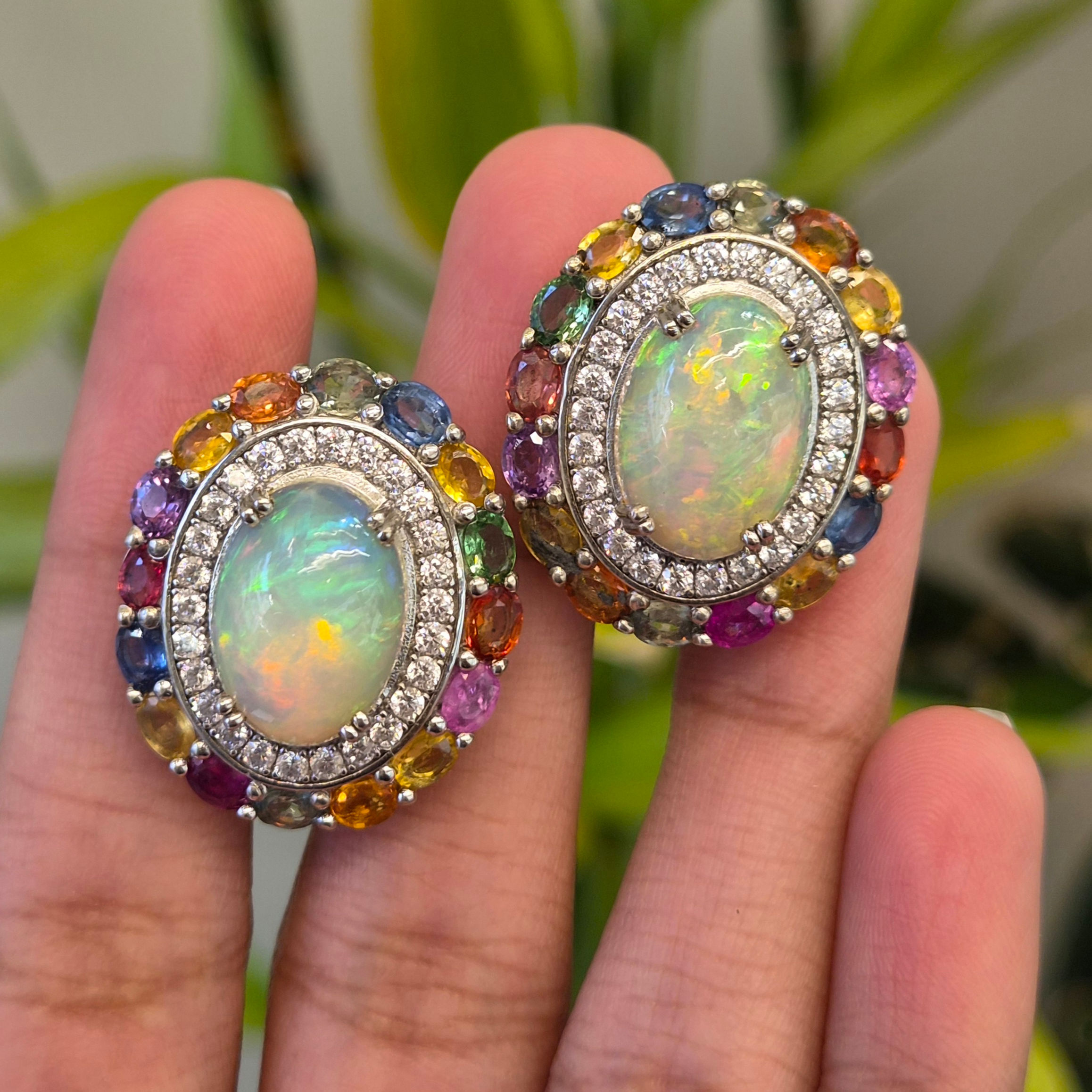 Natural Opal & Multi-Sapphire Omega-Back Earrings in 925 Sterling Silver