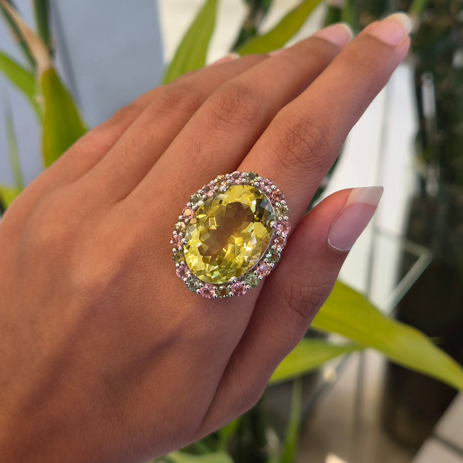 Natural Lemon Topaz & Tourmaline 925 Sterling Silver Oval Filigree Design Ring