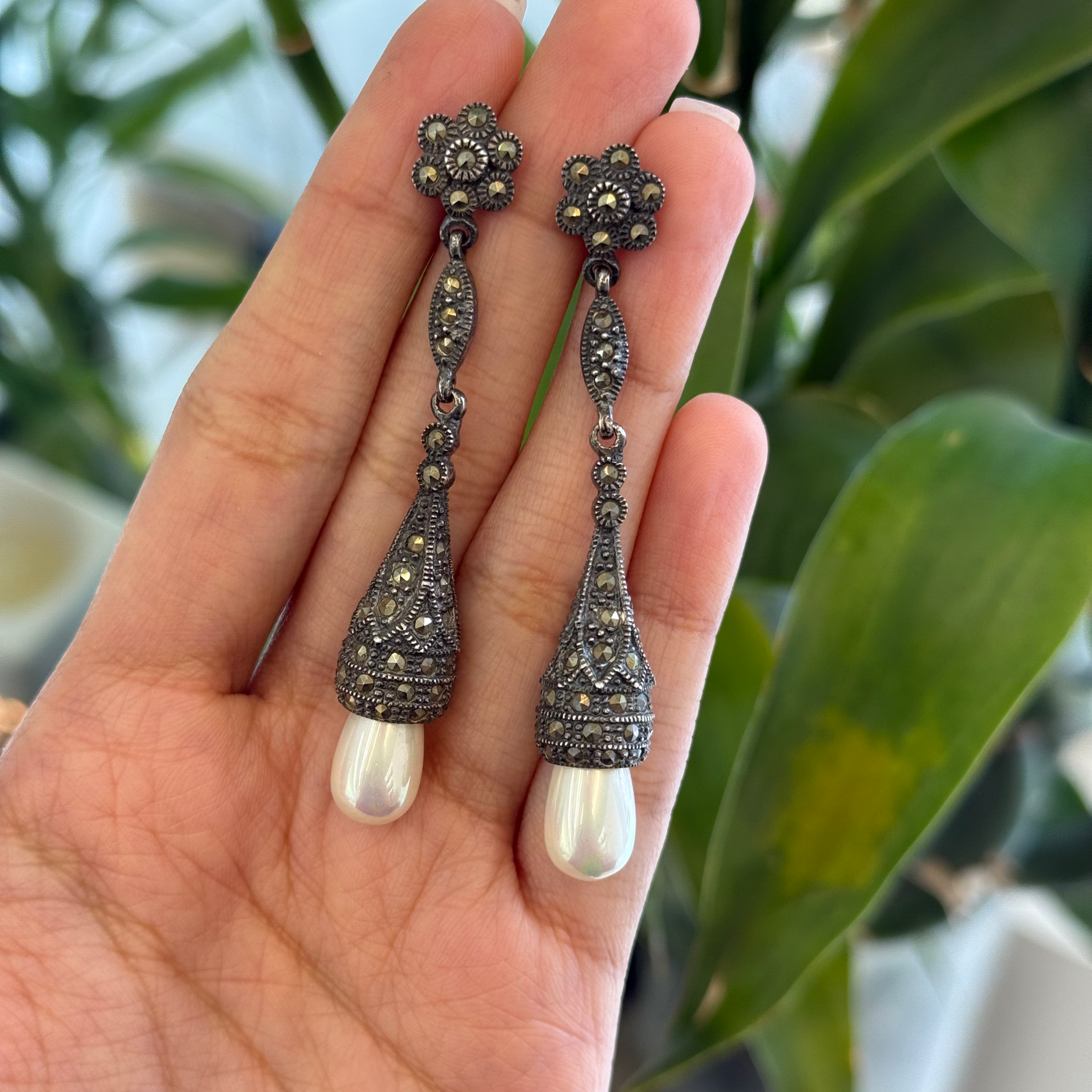 Genuine Pearl Marcasite earrings