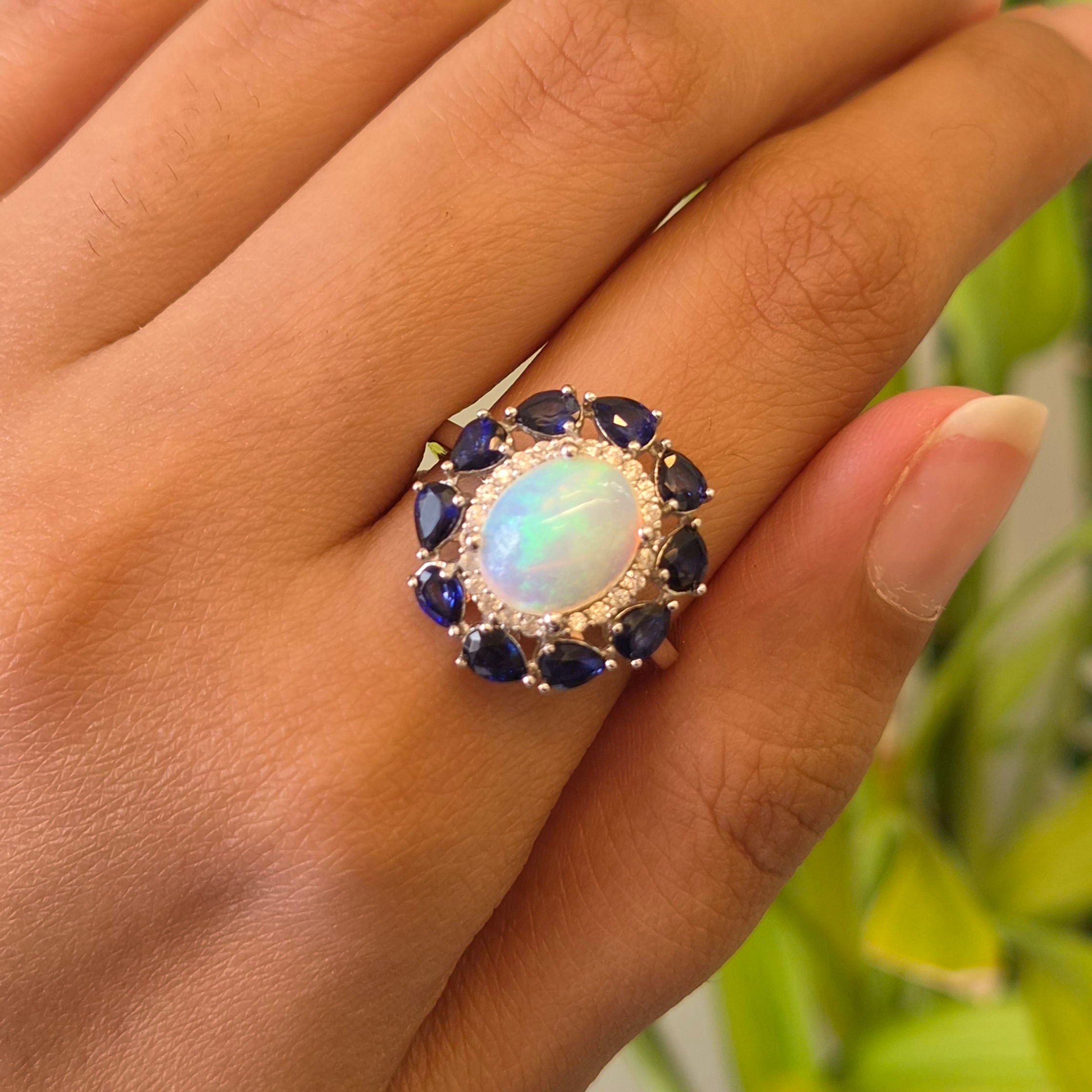 Natural Opal & Blue Sapphire Halo Ring in 925 Sterling Silver