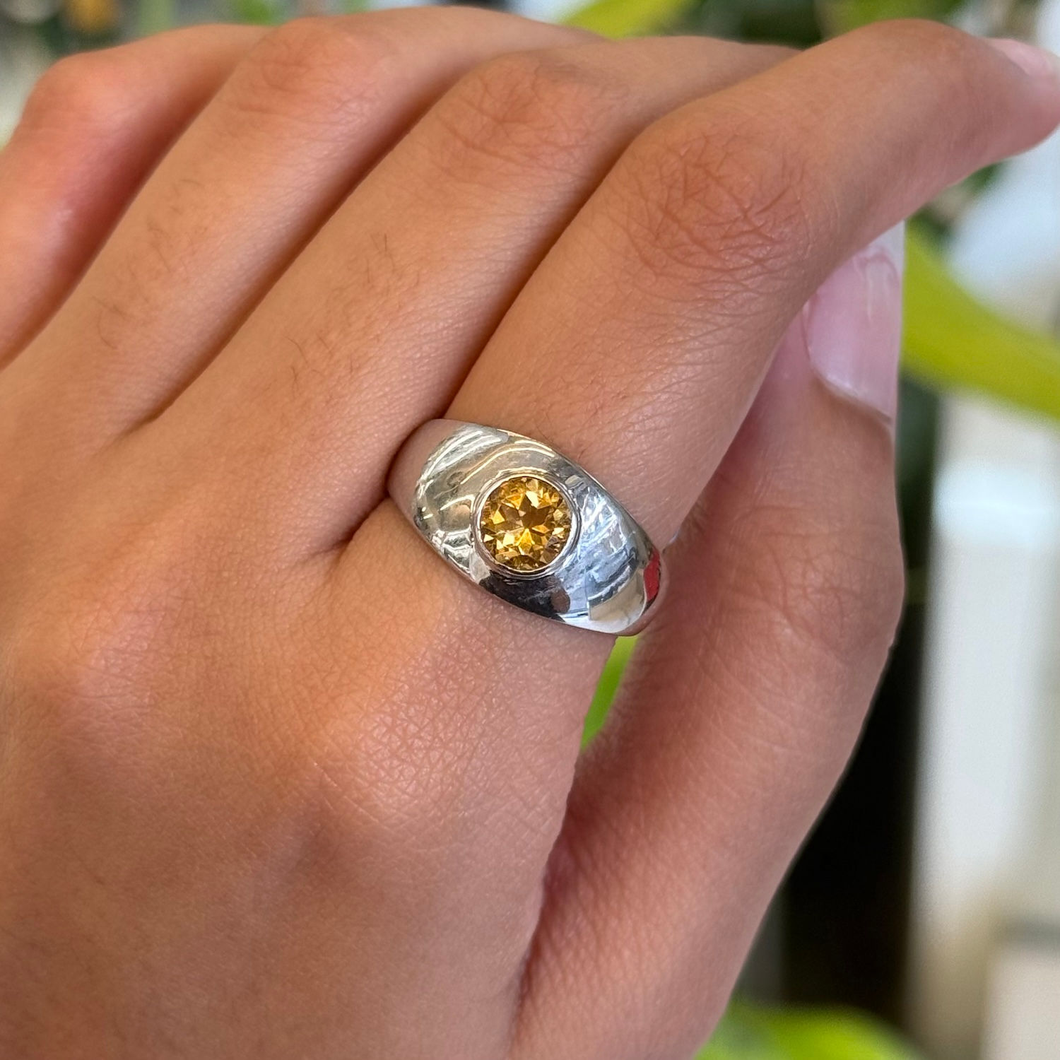 Natural Citrine Round 925 Sterling Silver Bezel Band Ring