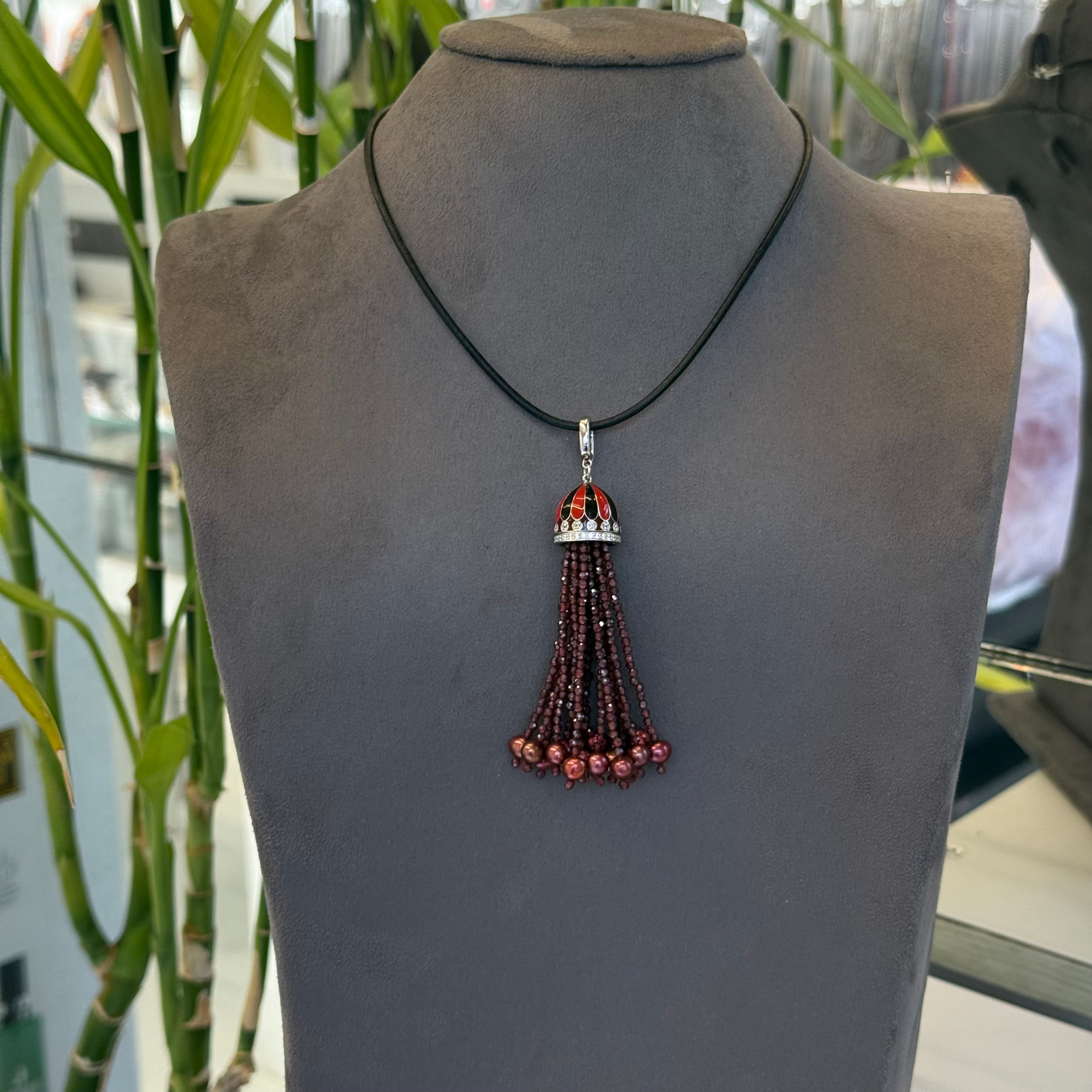 Leather and Enamel Garnet and Red Pearl Tassel Beads Necklace
