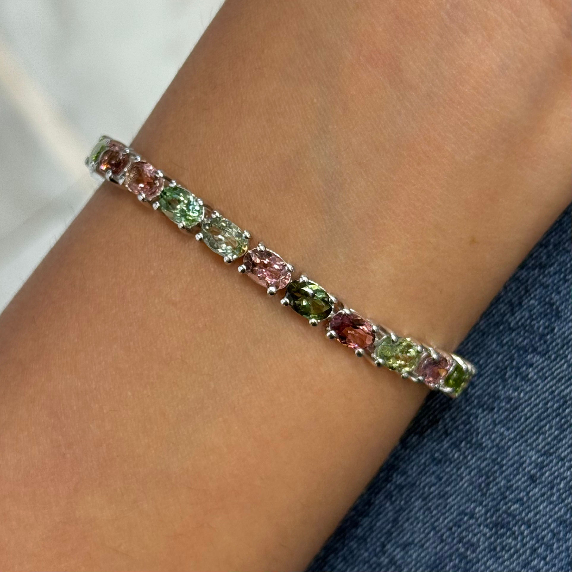 Natural Multi Tourmaline Oval 925 Sterling Silver Tennis Bracelet