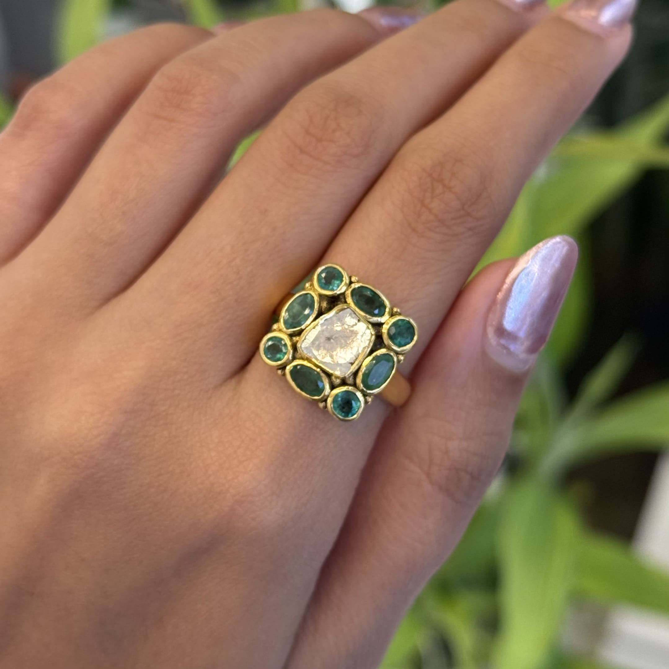 Natural Emerald and Polki Diamond Micron Gold Polish Ring