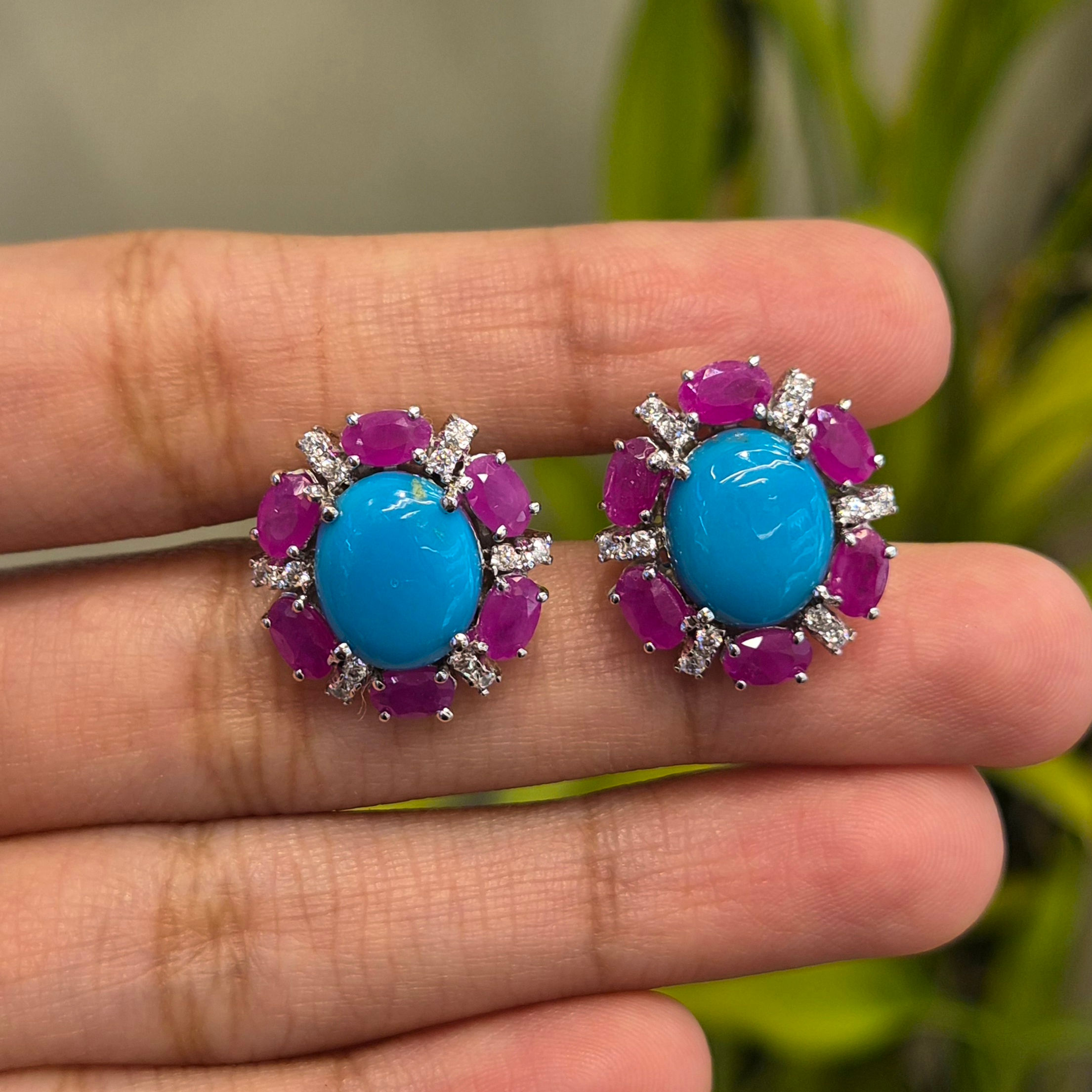 Natural Turquoise And Ruby Floral Stud Earring in 925 Sterling Silver