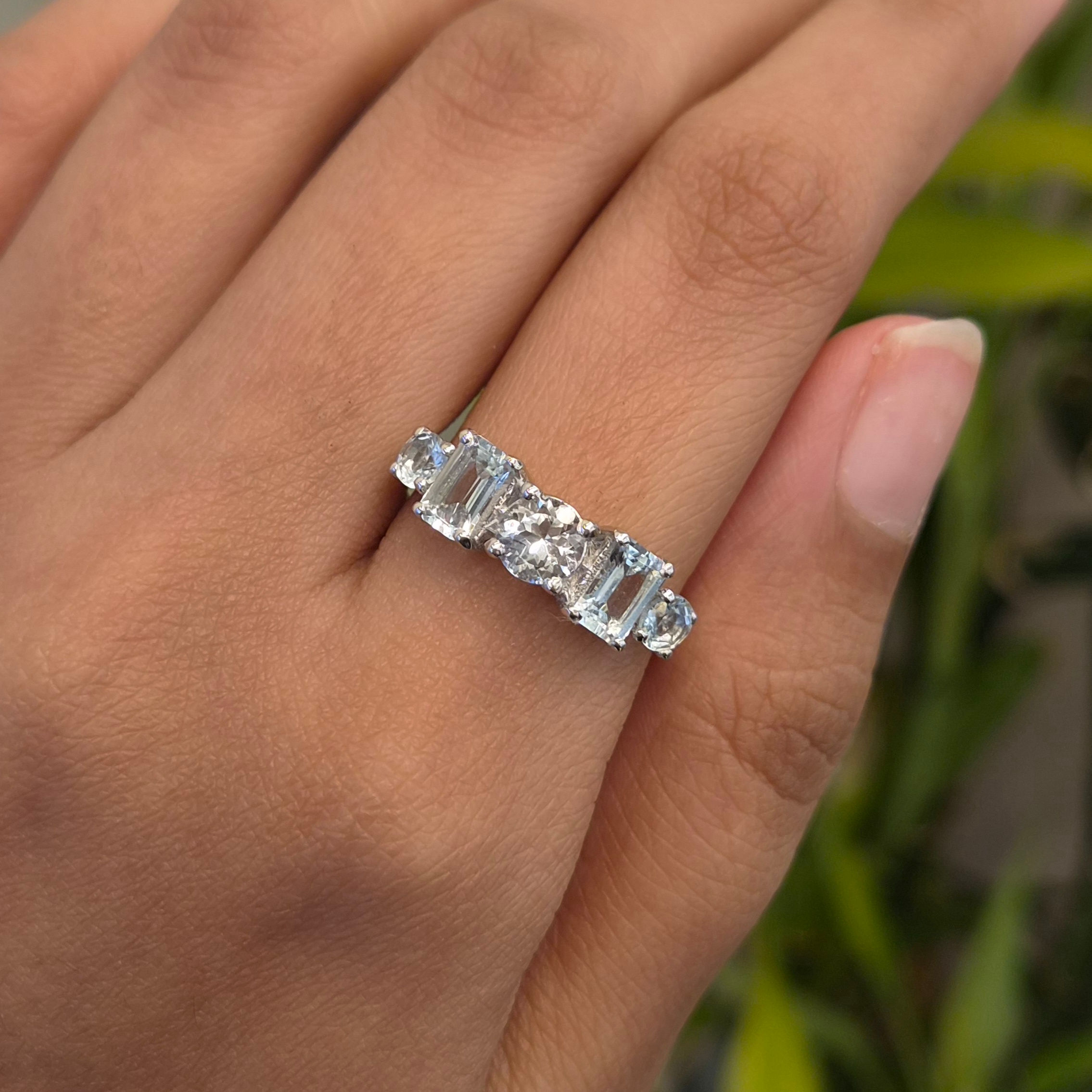 Natural Mix Shape Aquamarine Half Band Ring in 925 Sterling Silver