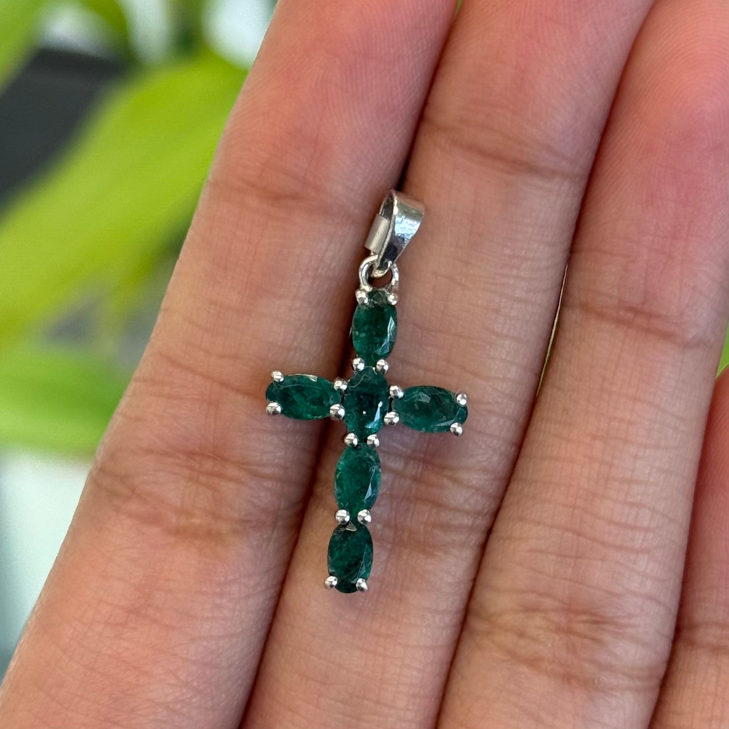Natural Emerald Oval 925 Sterling Silver Cross Pendant