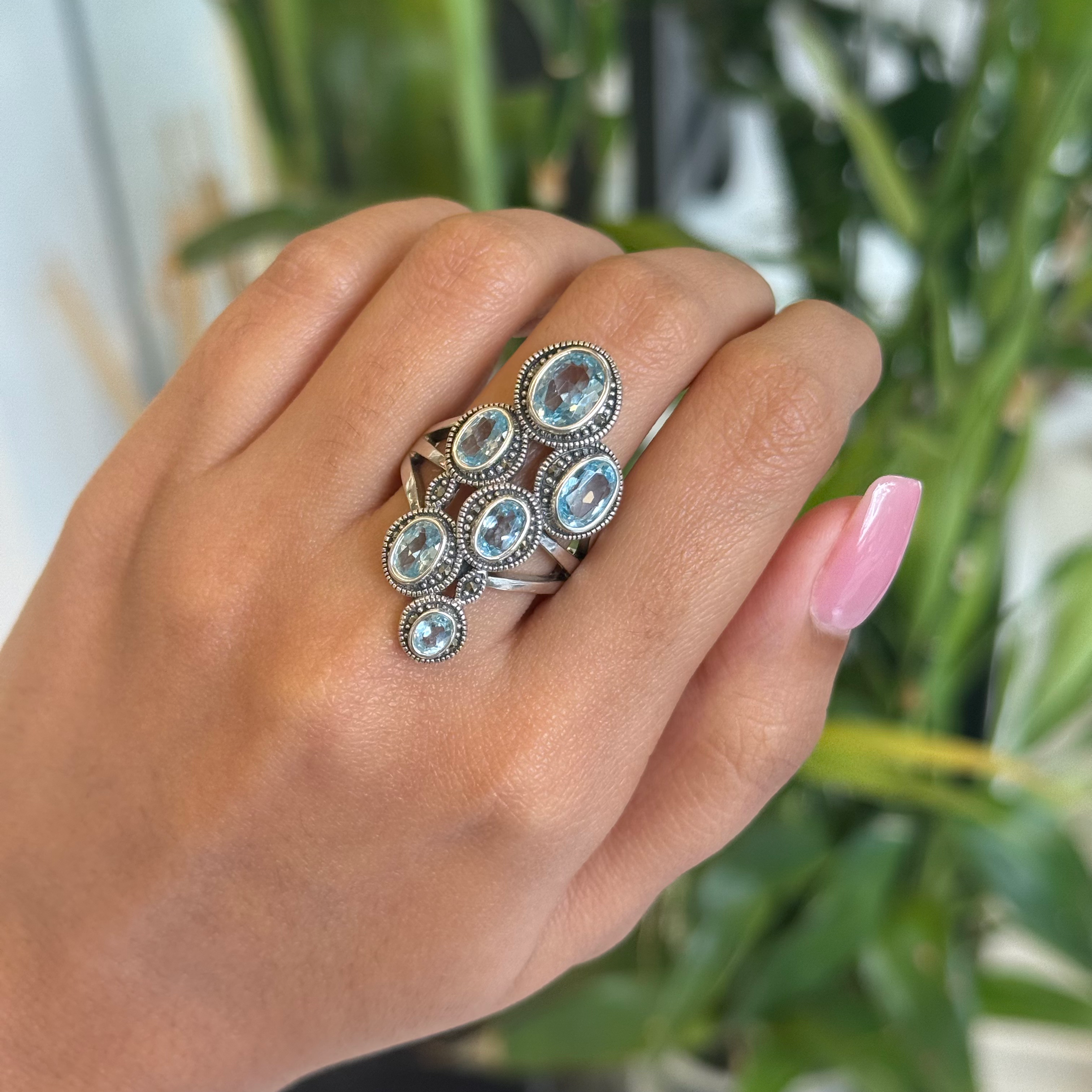 Blue topaz marcasite ring