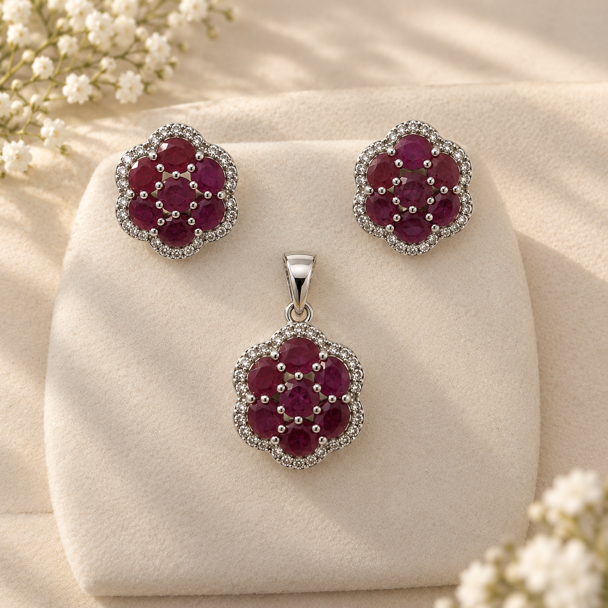 Natural Ruby & Diamond Floral Pendant & Stud Earrings Set in 925 Sterling Silver