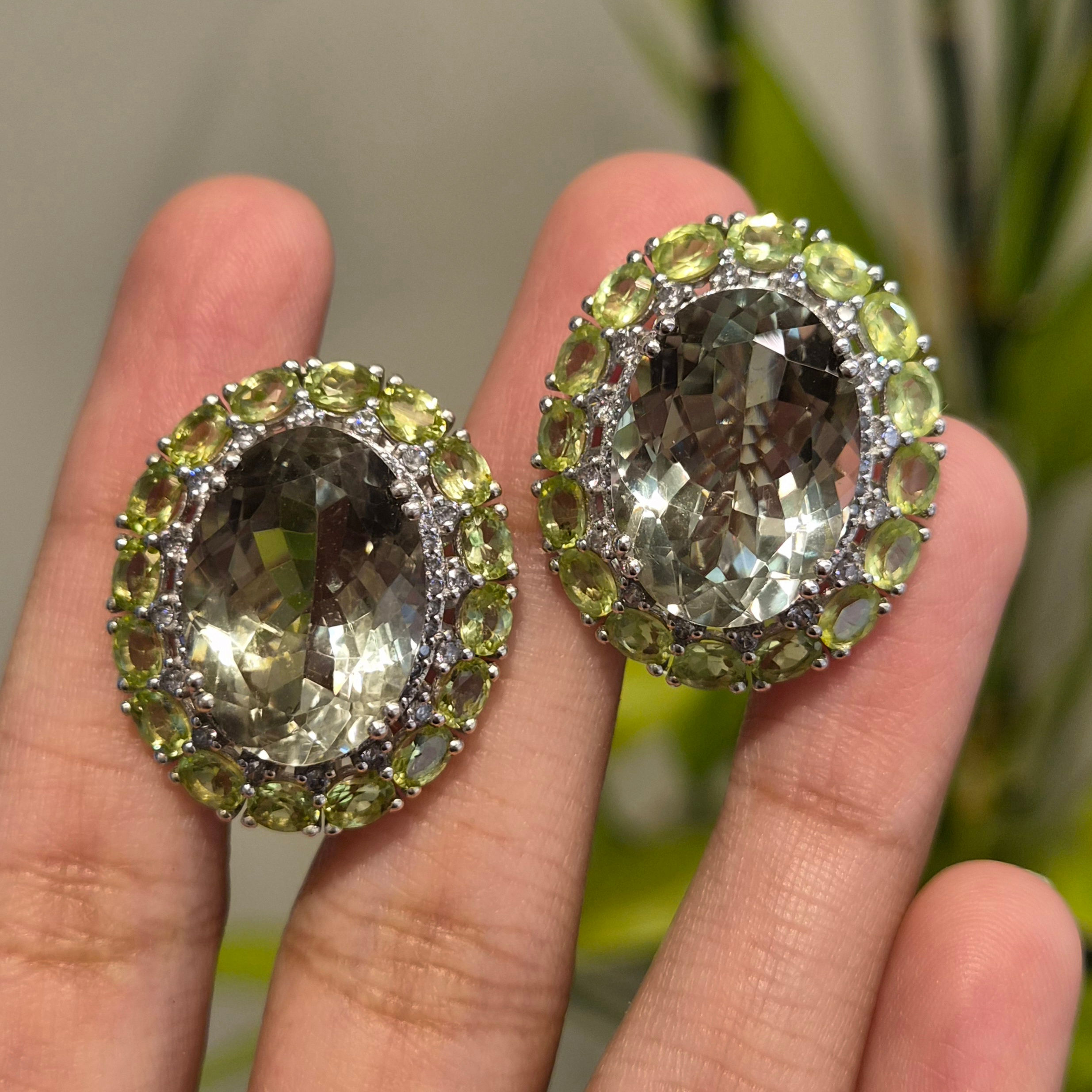 Natural Oval-Cut Amethyst & Peridot Clip Back Earrings in 925 Sterling Silver