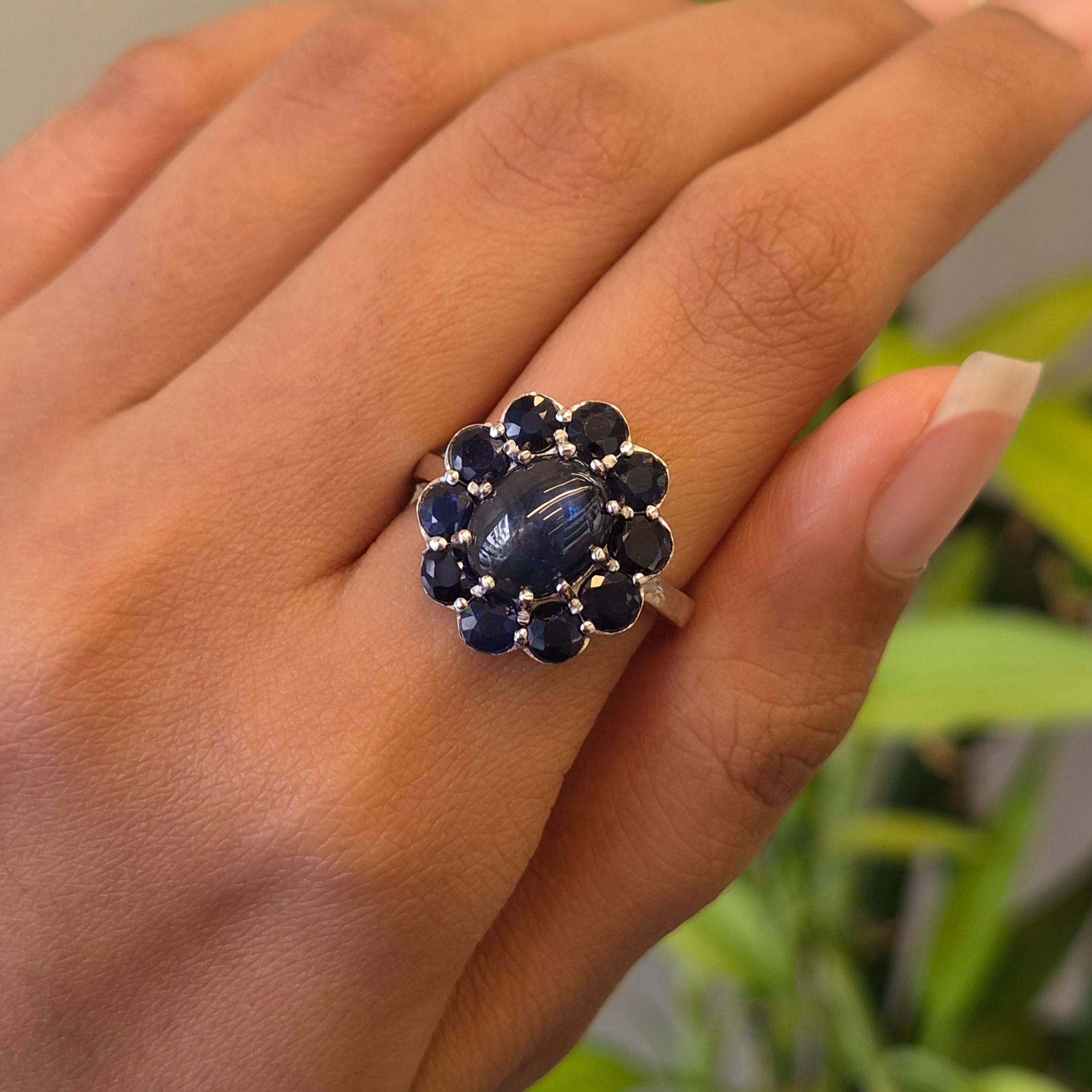 Natural Oval Round Blue Sapphire 925 Sterling Silver Floral Ring